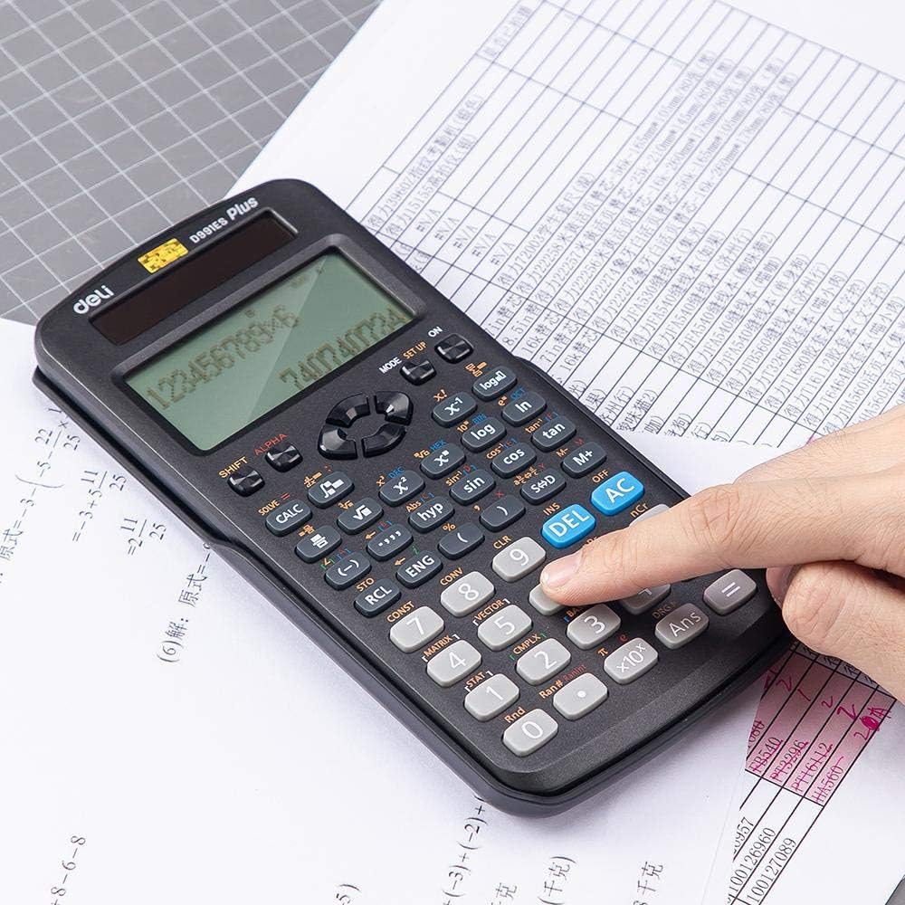 Hand operating Deli ED991ES Scientific Calculator on a desk