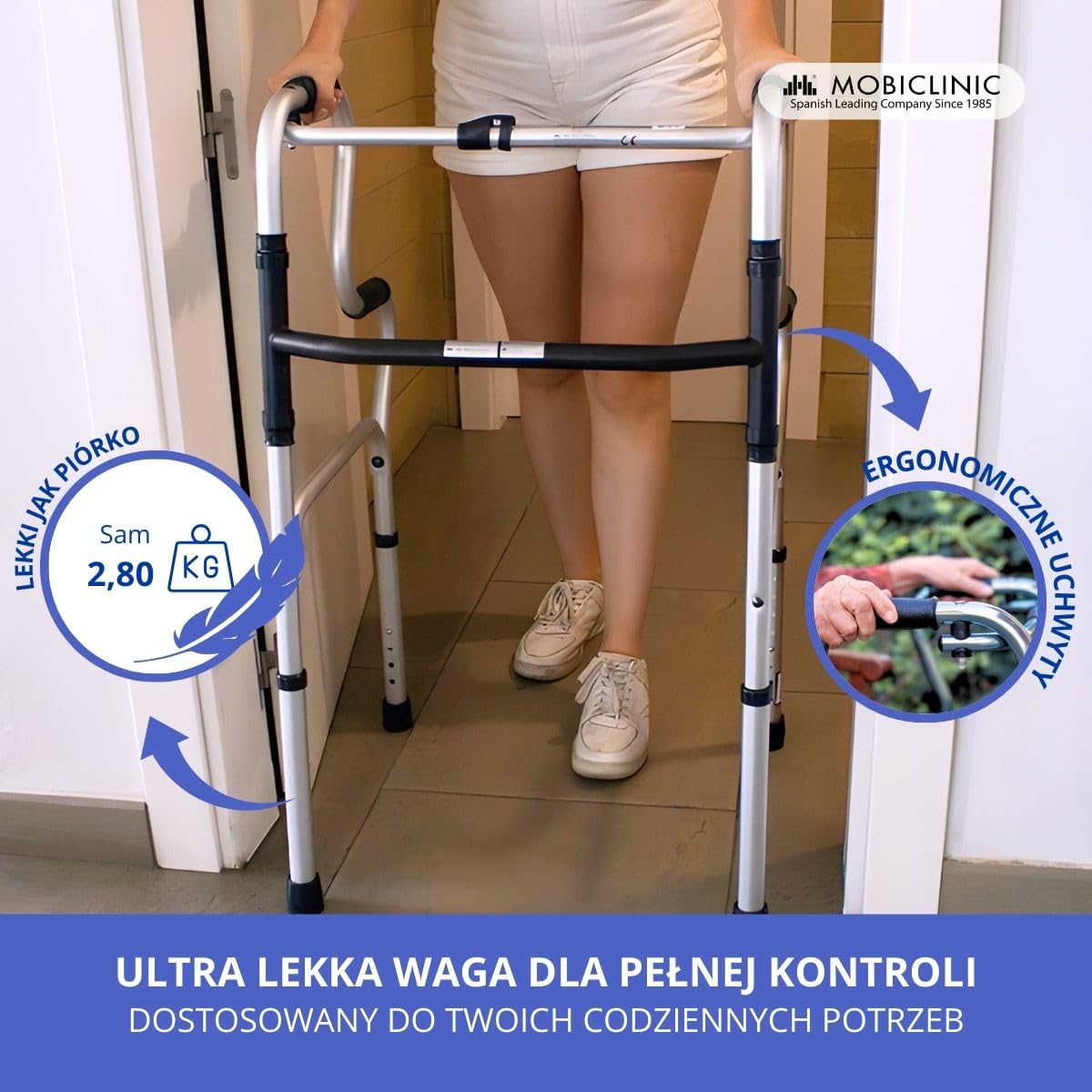 Mobiclinic®, Pórtico, Europejska marka, Chodzik, Regulacja wysokości, 2 składany, Lekki, Dla seniorów, Antypoślizgowy, Ergonomiczne uchwyty, Do 100 kg, Srebrny