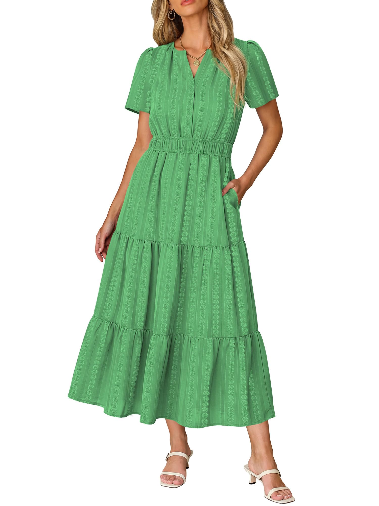 RUMIA Women Casual Midi Maxi Dresses Short Sleeve V Neck Elastic Waist Vacation Dress Pockets（S-2XL — view 20
