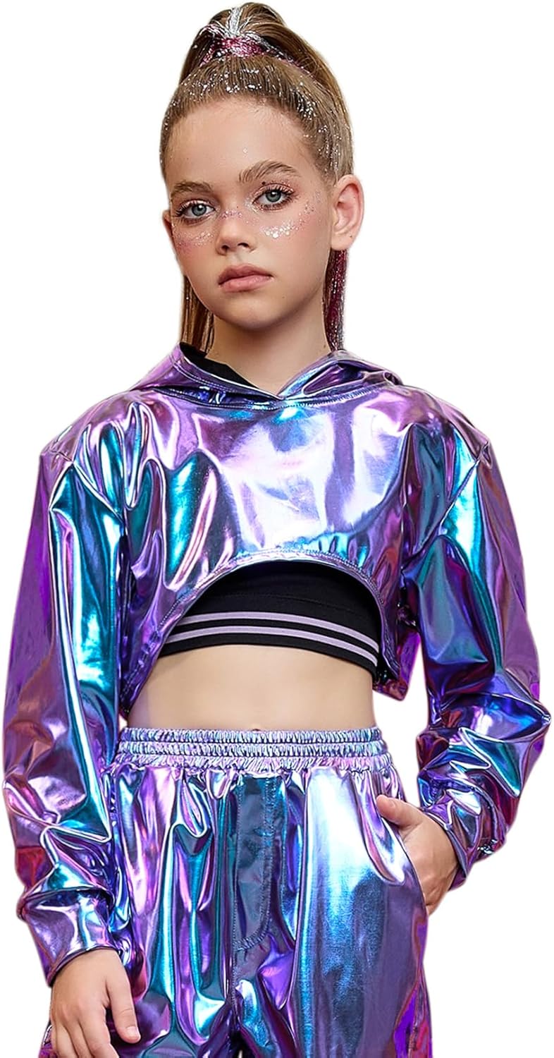 Perfashion Girls Long Sleeve Metallic Crop Tops Hip Hop Dance Hoodie Cropped Sweatshirt 4-13Y