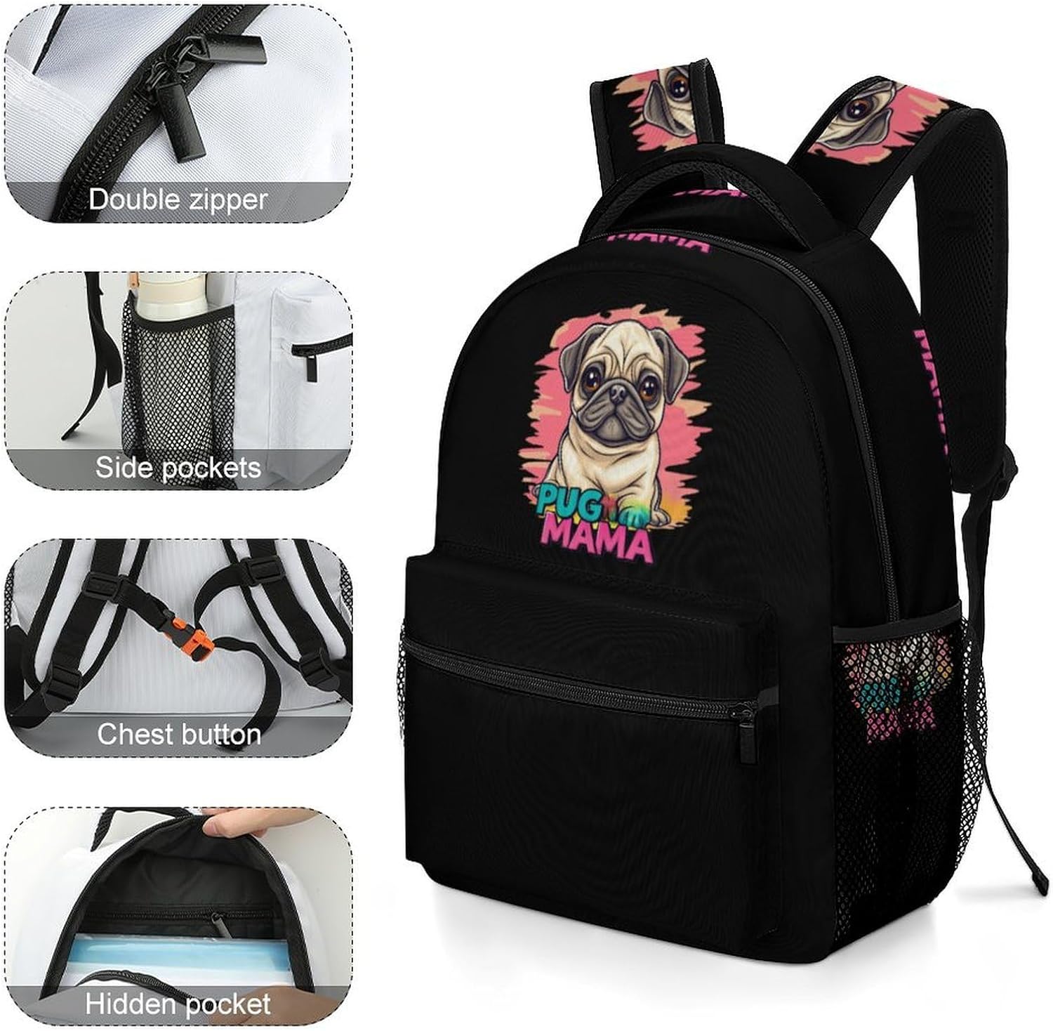 Pug Mama Laptop Backpack Lightweight Travel Daypack Shoulder Bag for Men Women