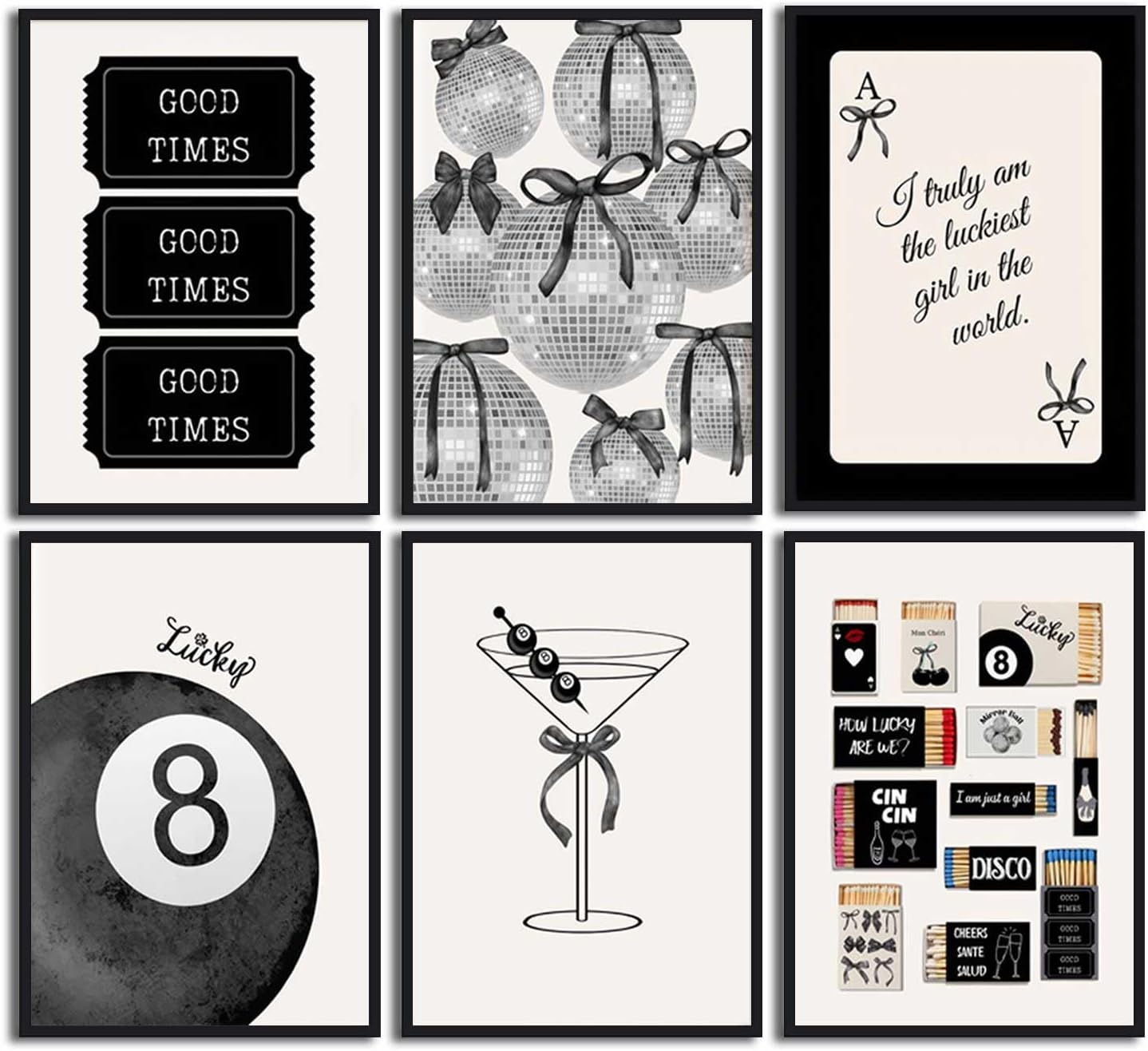 Fashion Black White Preppy Wall Art Funky Bows Disco Lucky 8 Balls Matchbox Picture Wall Decor Vintage Tickets Ace Painting Prints Martini Cocktail Y2K Posters Artwork for Girl Room Dorm Apartment