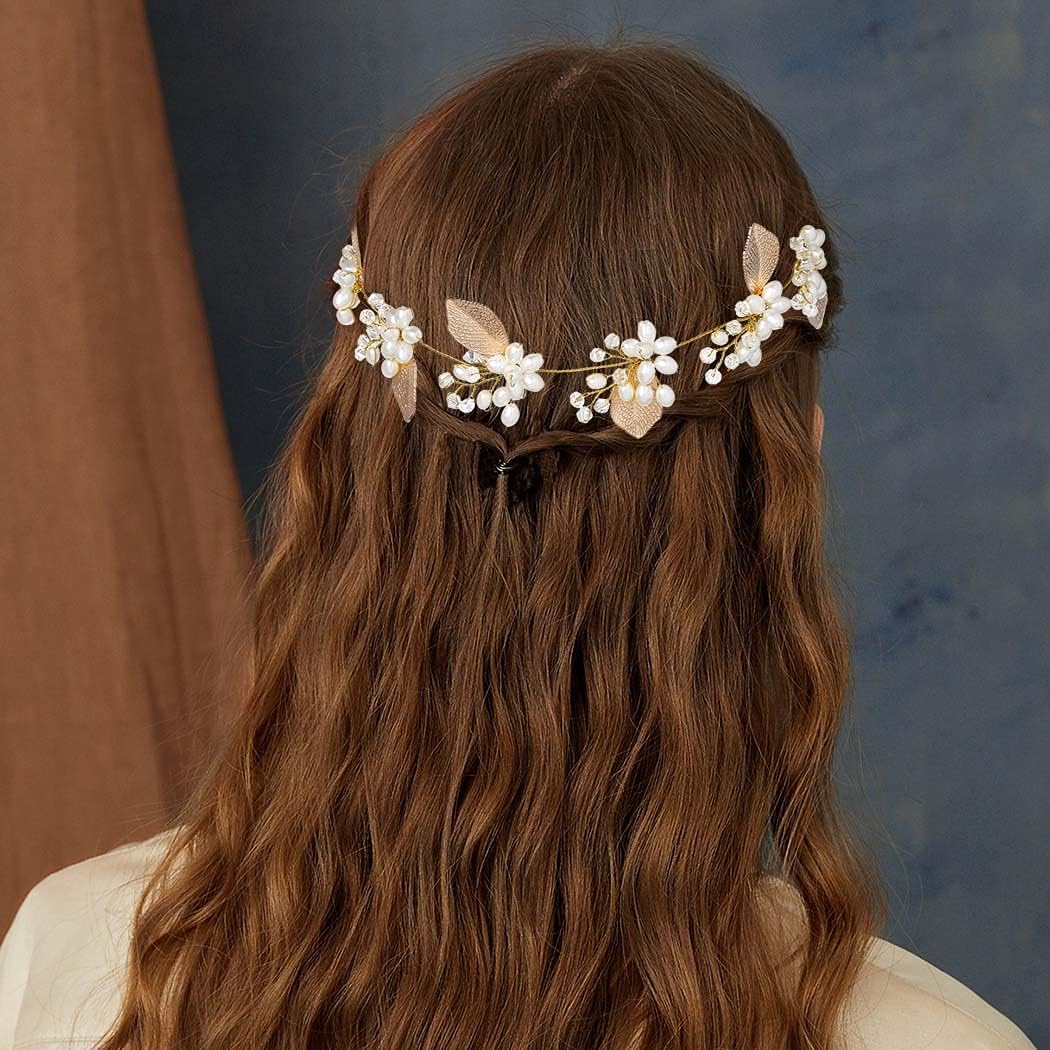 IYOU Wedding Pearl Headpiece Gold Leaves Hair Vine Flower Girls Princess Birthday Headband Hair Accessories for Brides and Bridesmaids - Image 4