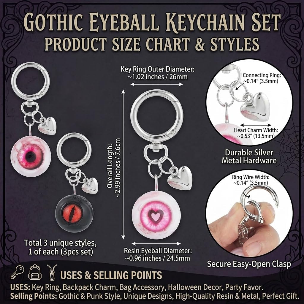 3PCS Spooky Eyeball Keychains, Dragon Eye Charms, Cute Halloween Key Rings | Multi-Style Eyeball Keychains, Gothic Halloween, Resin&Alloy, Vivid Print, Bag Charm&Party Gift