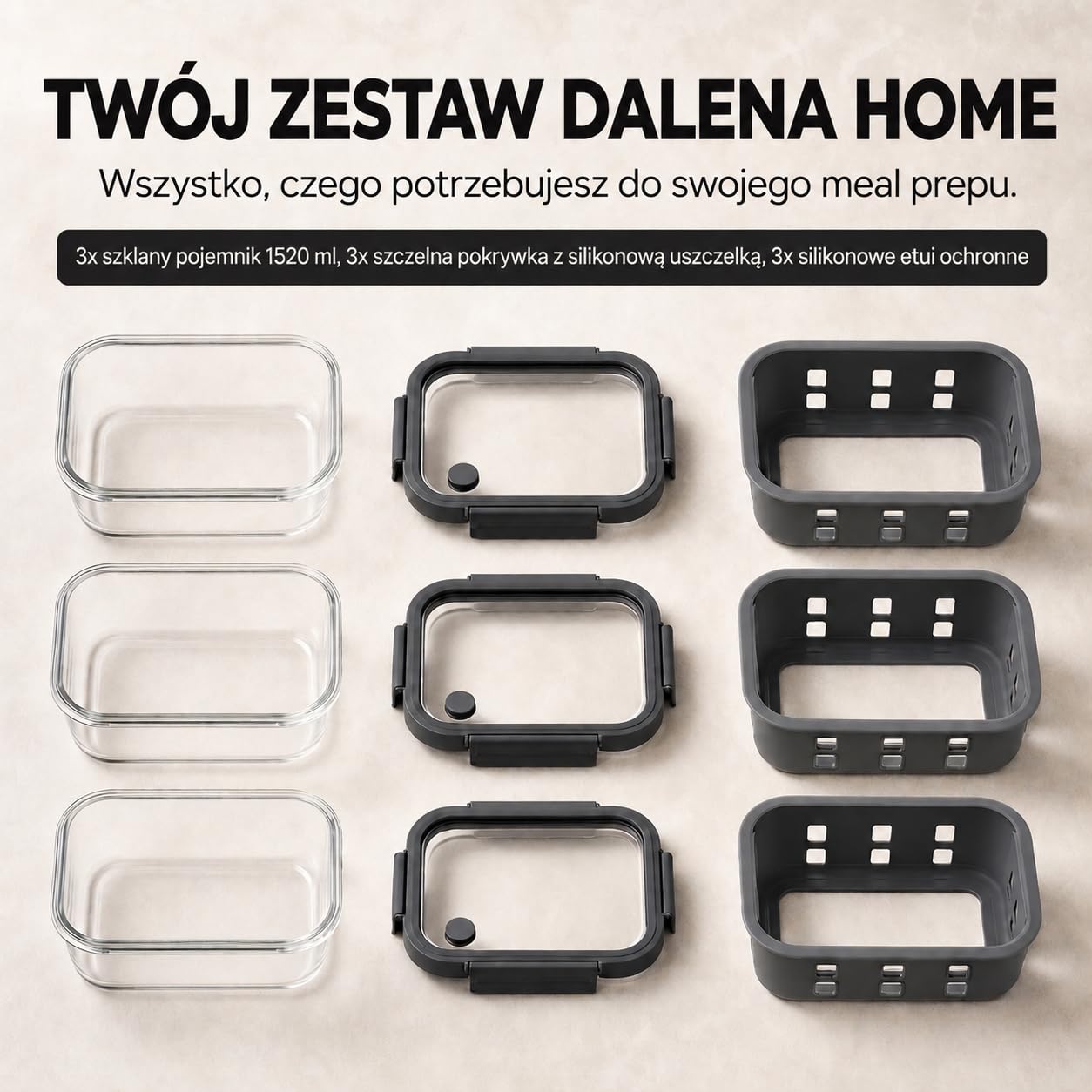 Zestaw Pojemników Meal Prep 3x1520ml – Szkło borokrzemowe, szczelne, piętrowe, mikrofalówka z zaworem parowym, silikonowa powłoka antyuderzeniowa