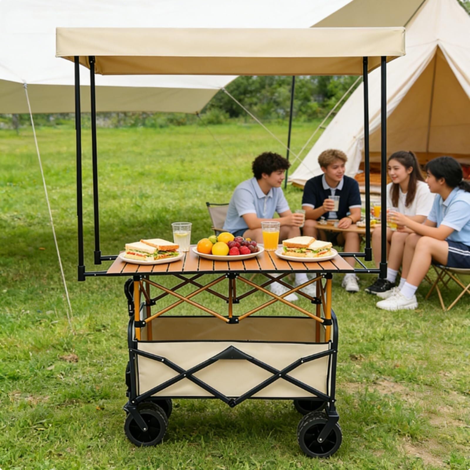 Outdoor Vendor Cart,Collapsible Wagon Cart with Canopy & Wheels