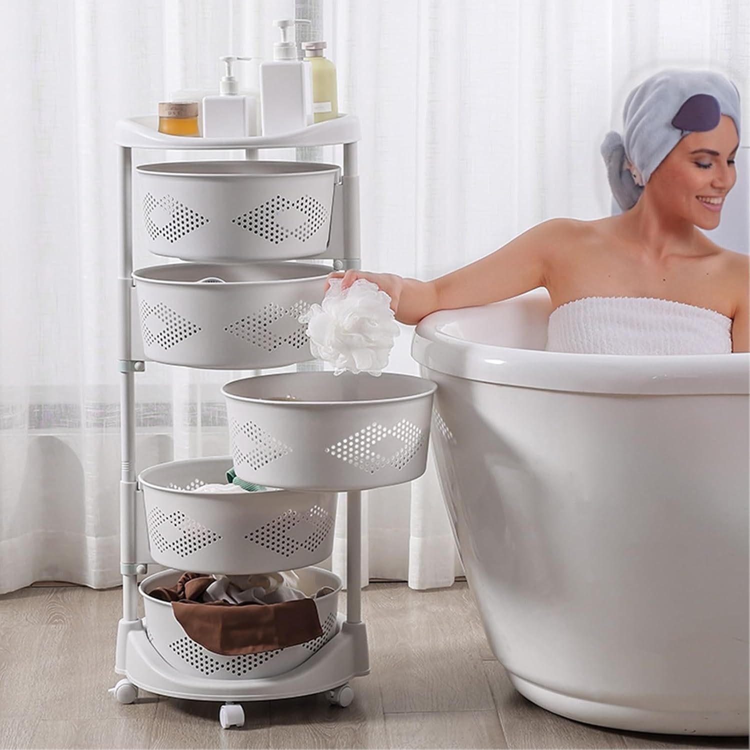 5 Tier Large Kitchen Storage Cart, Circular Rotating Basket, Storage Rack with 360 Degree Wheels, Fruit Vegetable Shelf, Rotatable Basket for Kitchen Bathroom White Five Layers - Image 3