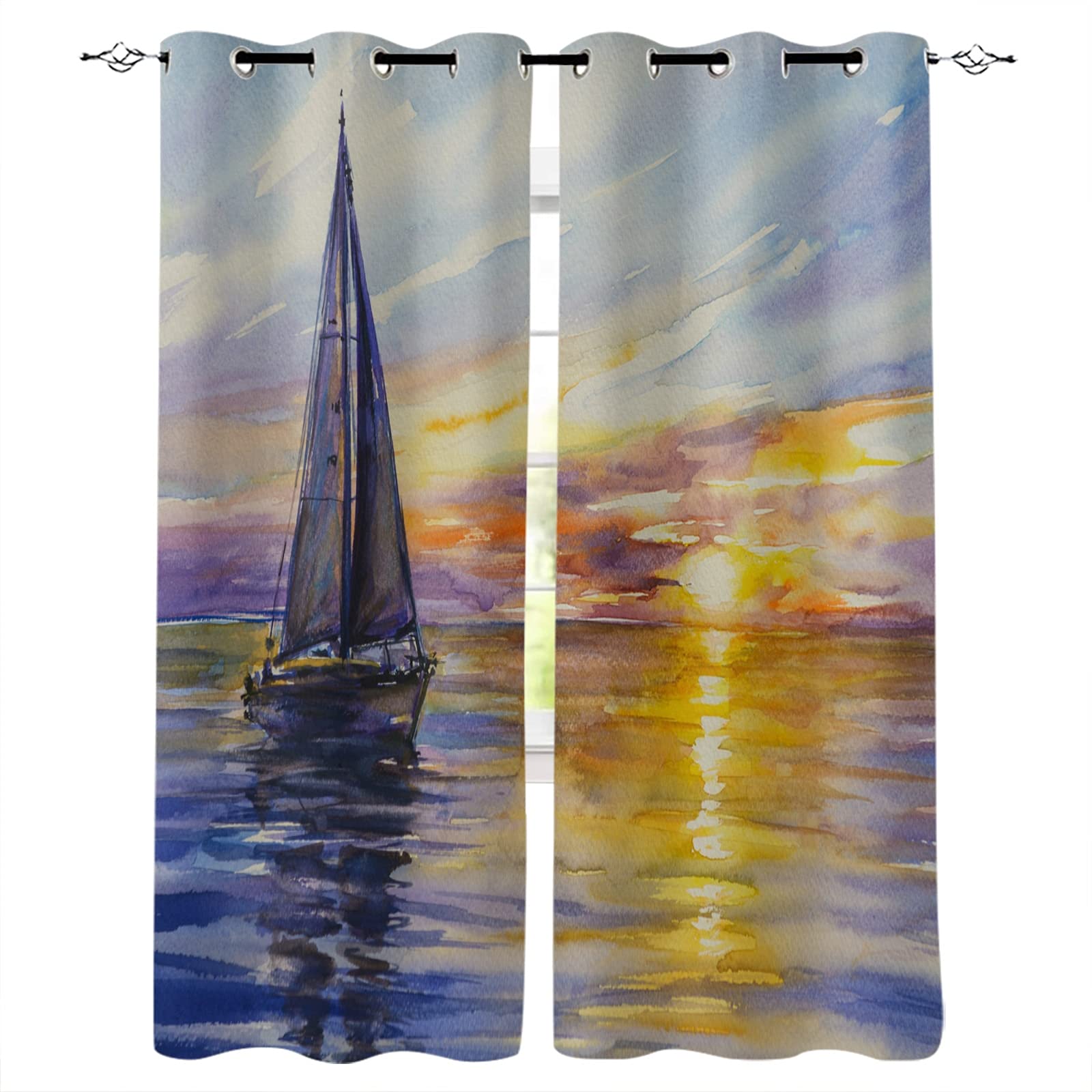 Blackout Curtains - 3D Sea Sailing Ocean Waves Oil Painting 150X166Cm (WxH) - Eyelet Ring Top Thermal Insulated Curtains, Noise Reducing & Energy Saving Curtains For Bedroom/Living Room - Suitable Fo