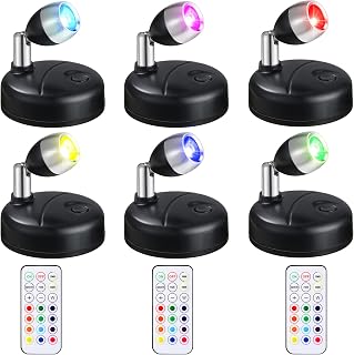 Hortsun 6-Pack Battery Operated Wireless LED Spotlights - 13 RGB Colors, Remote Control, Rotatable Head for Indoor Artwork, Closets & Hallways (Black)