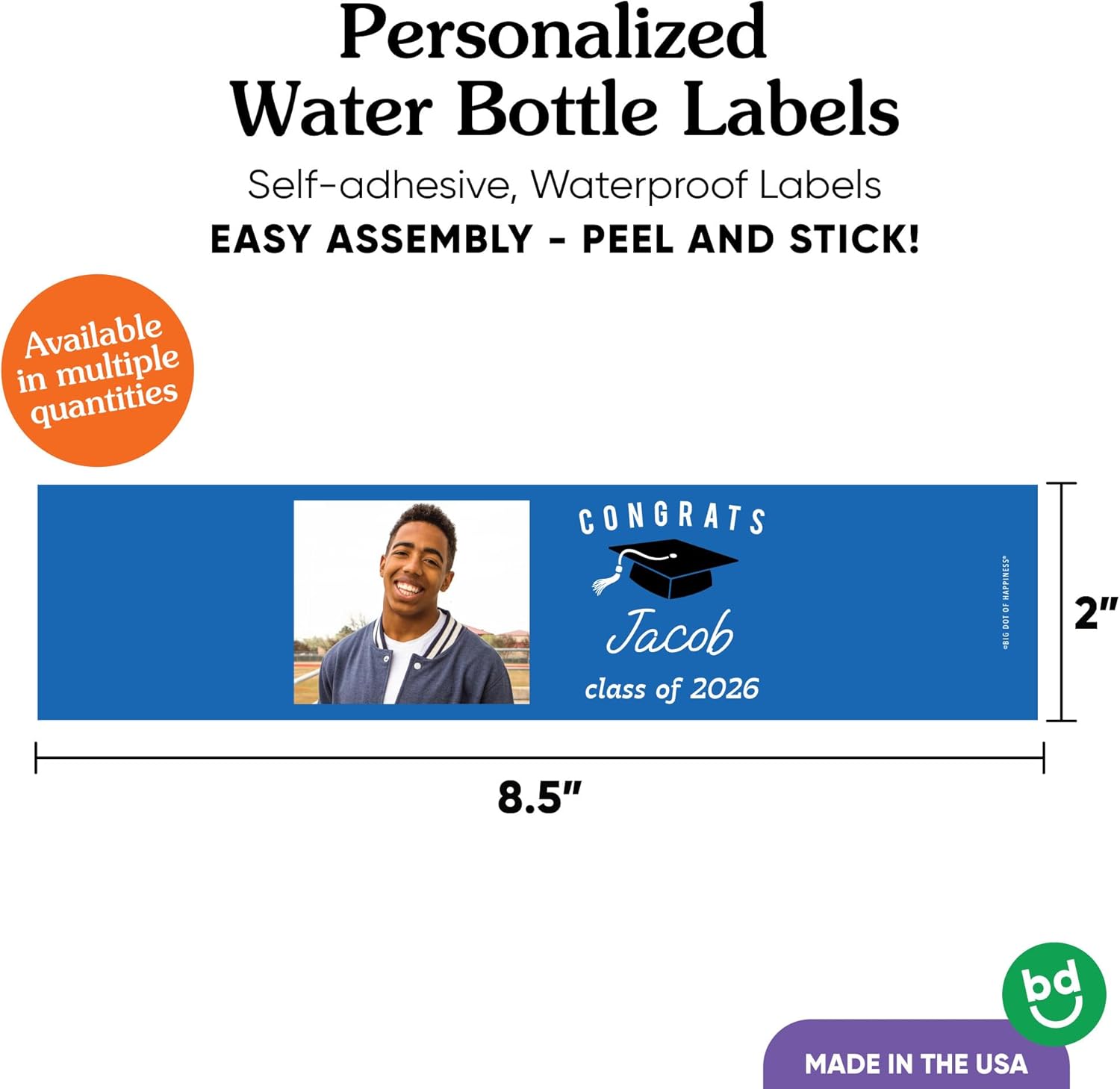 Big Dot of Happiness 100 Blue Personalized Graduation Water Bottle Labels, Custom Photo & Name, Class of 2026 Grad Party Favors, Set of 100 Waterproof Water Bottle Sticker Labels