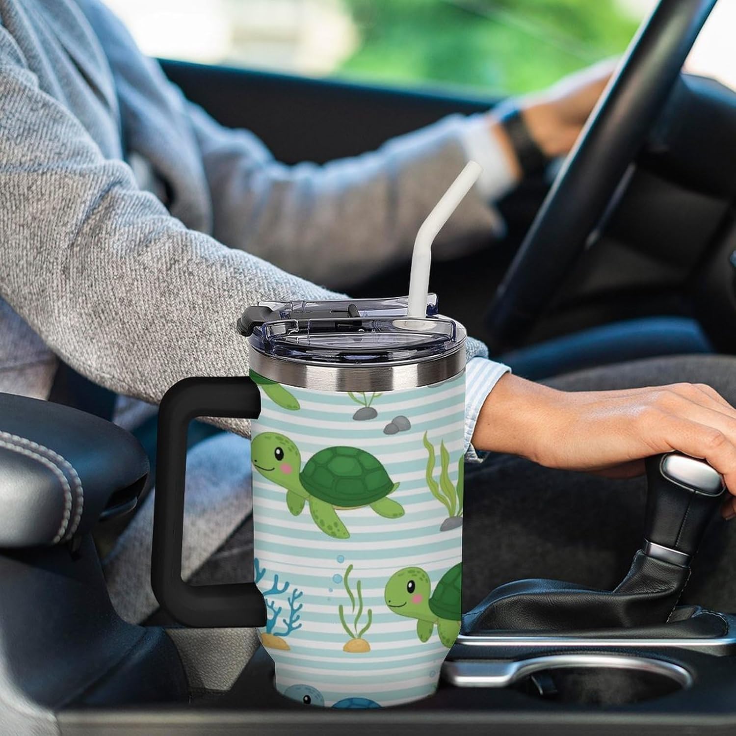 Turtles Seaweed 40oz Tumbler with Straw And Lid Insulated Stainless Steel Travel Tumbler Coffee Cup Mug Water Bottle with Handle, Fits in Car Cup Holder