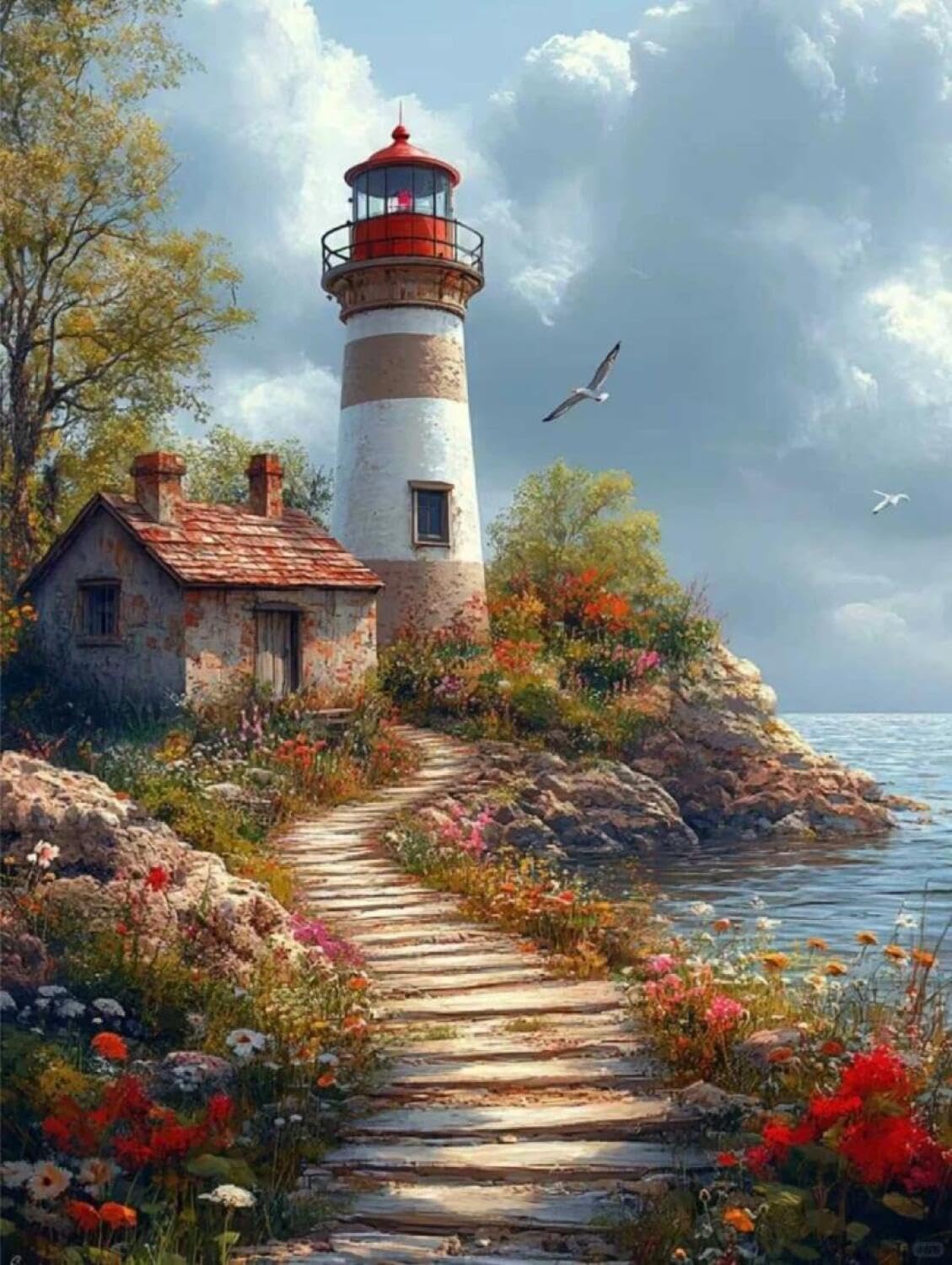 Rqwybcaxn Embroidery Beads Kit Seaside Lighthouse 40x50cm