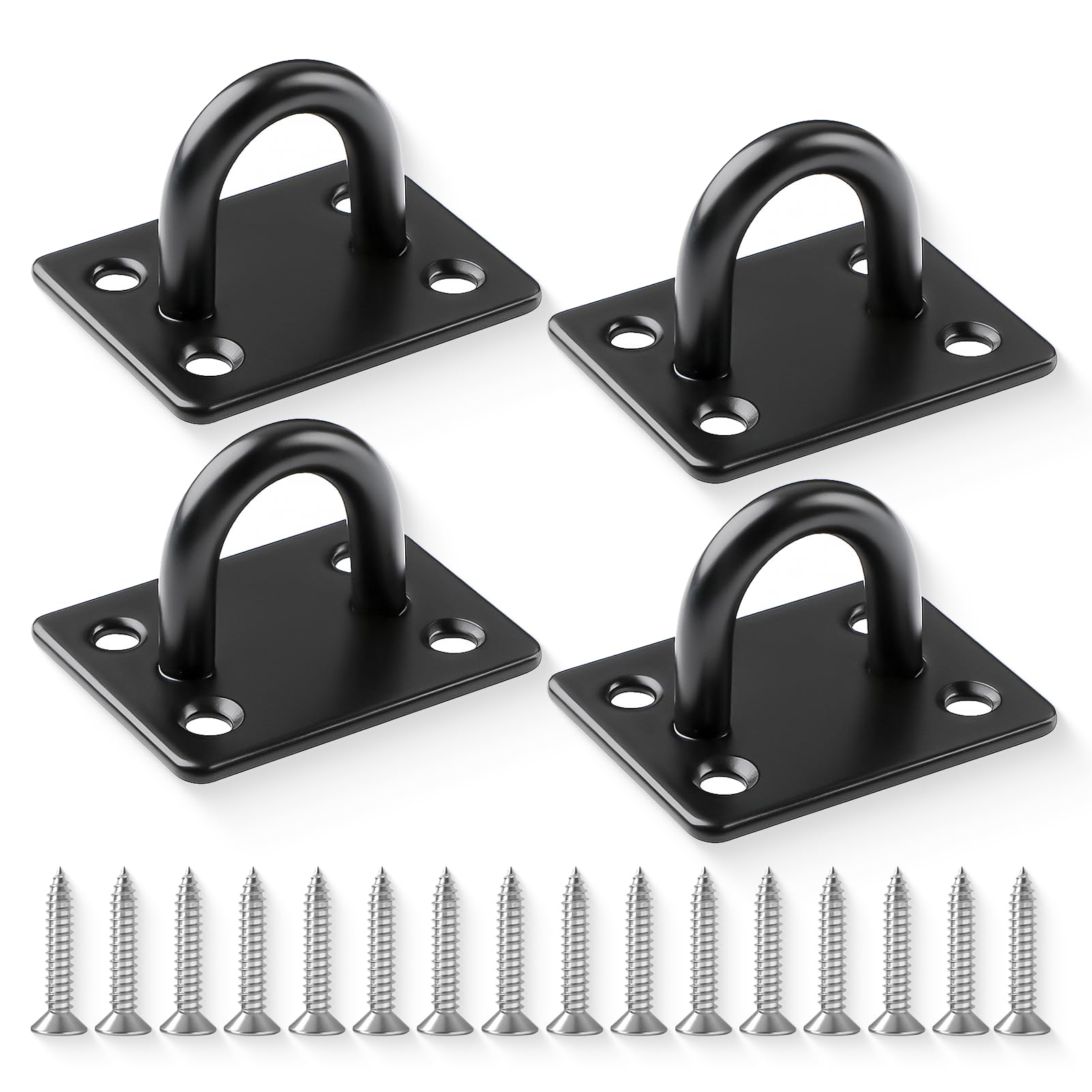 4PCS Eye Plate Heavy Duty, Stainless Steel M6 Oblong Pad Eye Plates Black Staple Ring Ceiling Hooks Marine Hardware with Screws , U-Shaped Ring Hook for Wall Ceiling, Shade Sail, Line Suspension etc.