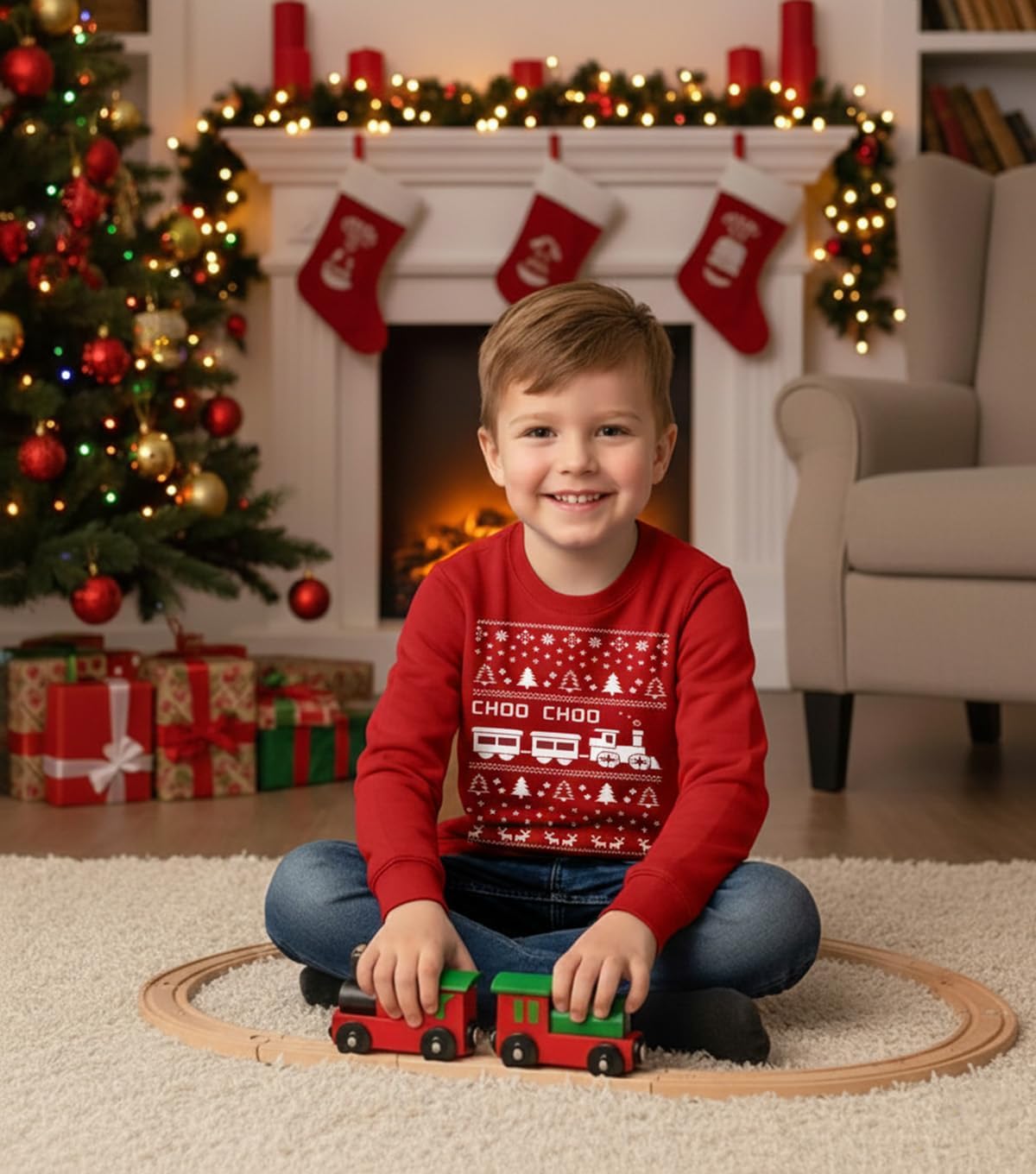 Tstars Choo Choo Train Boys Ugly Christmas Sweatshirt Tacky Sweater Style Xmas Holiday Youth Kids Sweatshirts Medium Red - Image 2