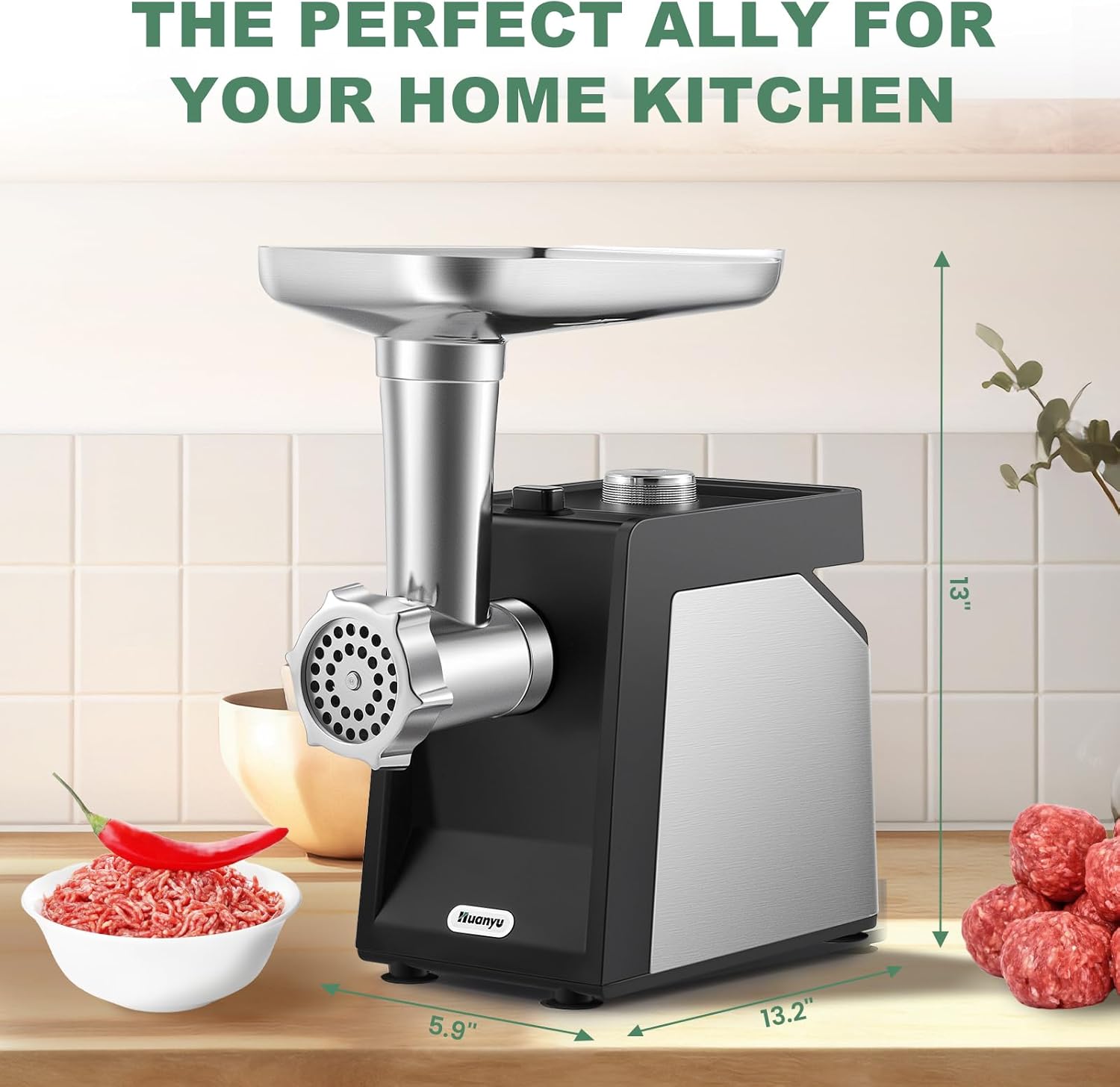 Huanyu Electric Meat Grinder for Home Use, Quiet for Apartment Cooking, Process Beef & Venison in 90s, Sausage Kubbe Prep Kit 110v