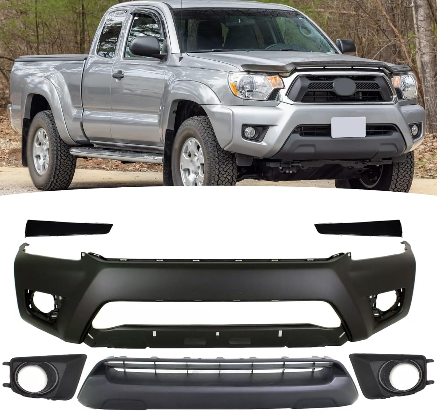 Front Bumper Assembly Fit For 2012-2015 Toyota Tacoma Front Body Kit Bumper With Lower Grille + Foglights Bezel Covers + Headlight Trim Strip Replacement