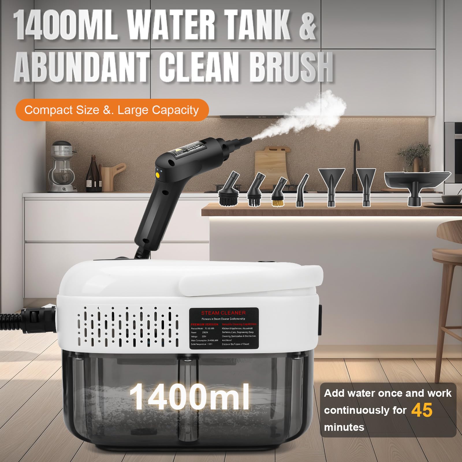 Limpiador a vapor de 2500W, Vaporeta Limpieza Hogar portátil con 1400 ml, limpiador de vapor a mano, 3 niveles ajustables, 15S calentamiento rápido, para limpiar Cocina, Baño, Ventanas