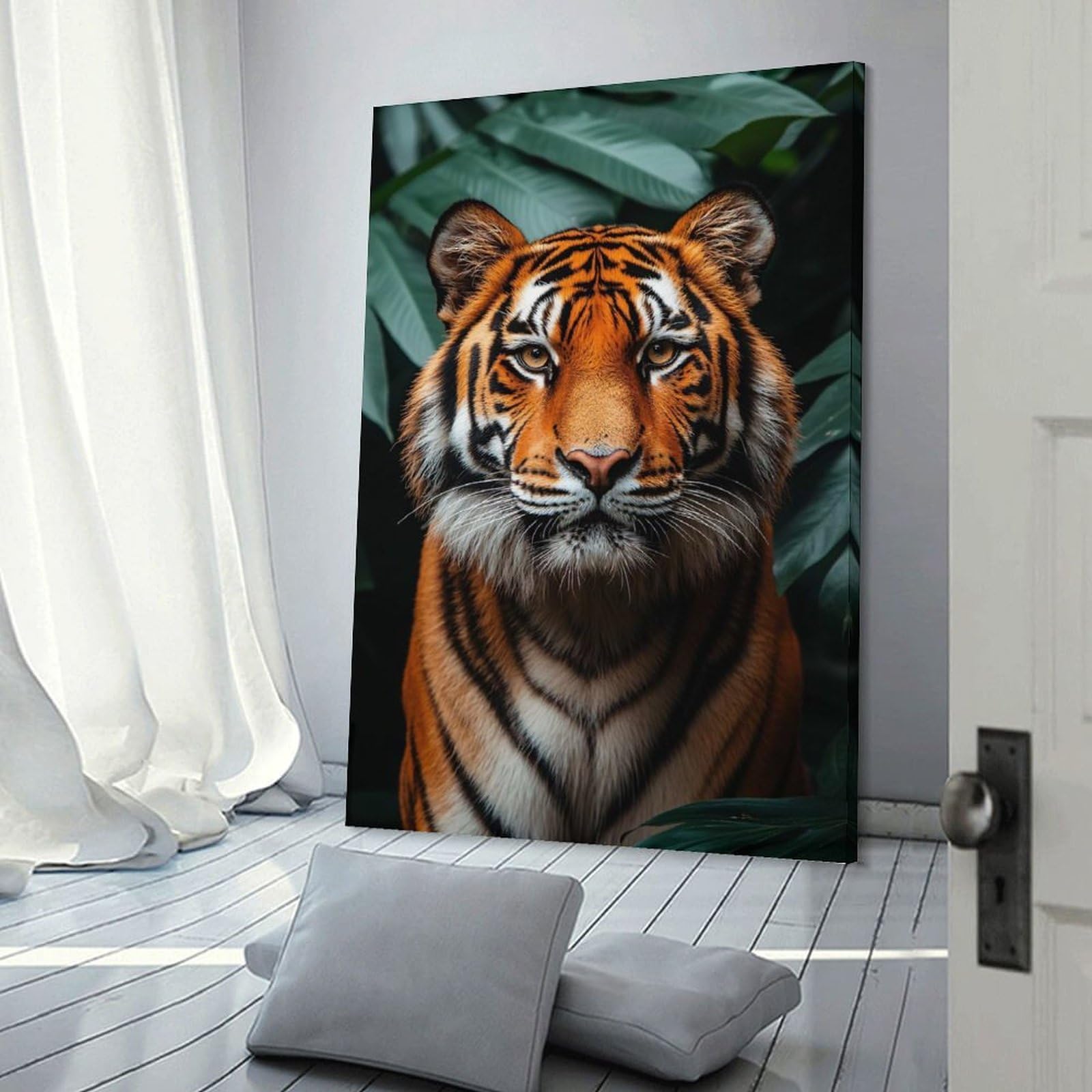 Junmoney Majestic Tiger Portrait in Lush Foliage Wall Art Print, 12x18inch(30x45cm), for Wall Displays, Bedrooms Or Room Updates, A Versatile Canvas Print for Layering
