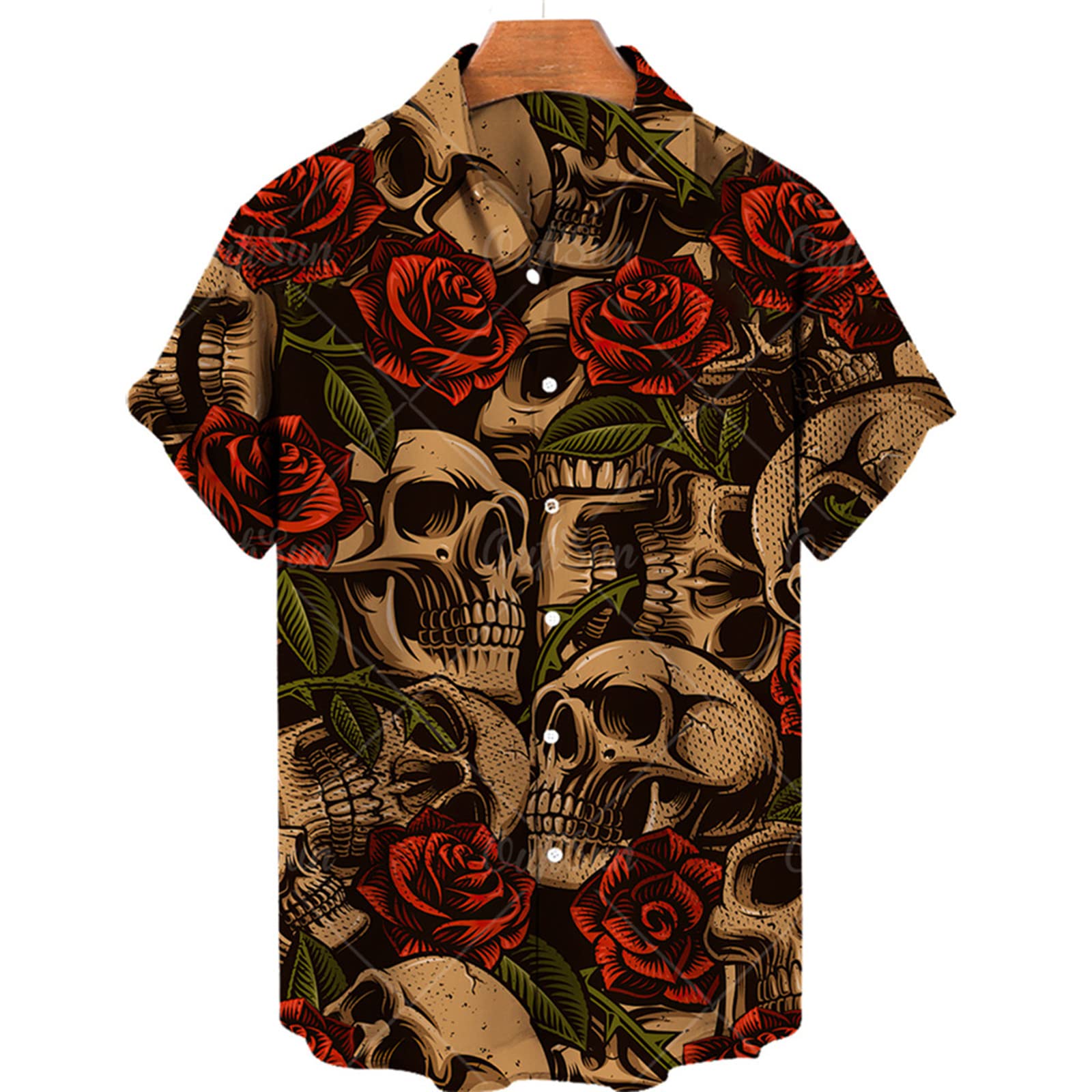 WINDEHAOSummer Men's Gothic Skeleton Retro Rose Flower Printed Shirt,Lapel Button Down Short Sleeve Blouse,Holiday Party Beach Top