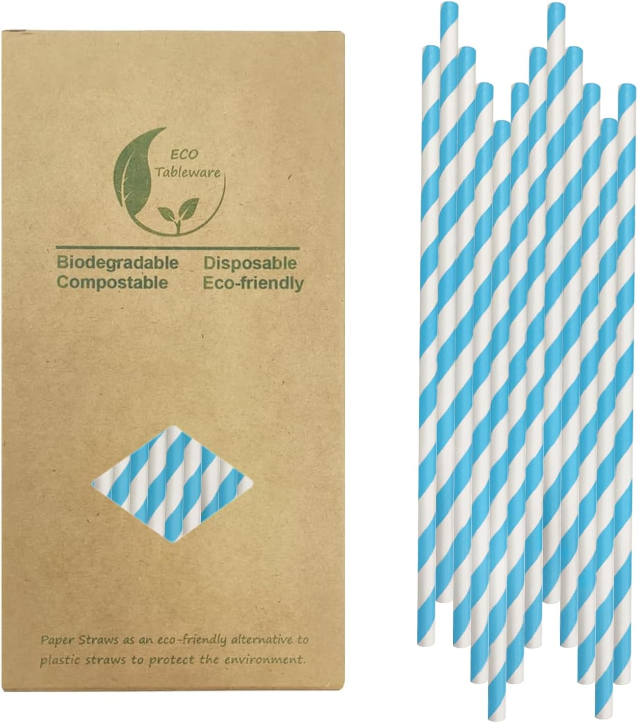 Baby Blue Stireped Paper Straws, Pack of 100 Disposable Blue and White Drinking Straw, Party Favor Straws For Cake Pop Sticks, Birthday, Bridal Party Suppliers