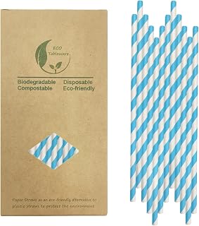 Light Blue & White Paper Drinking Straws (100 Count) - 7.75 Inches Biodegradable Eco-Friendly Striped Party Straw for Party Supplies, Events and Crafts, Birdal Shower Decorations
