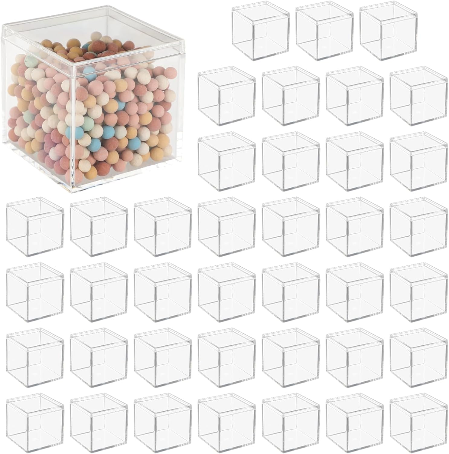 40 Pcs Acrylic Boxes - Clear Small Square Display Boxes, 2.2 x 2.2 x 2.2 in, With Lids for Candy, Pill, Earring, Jewelry, Tiny Beads