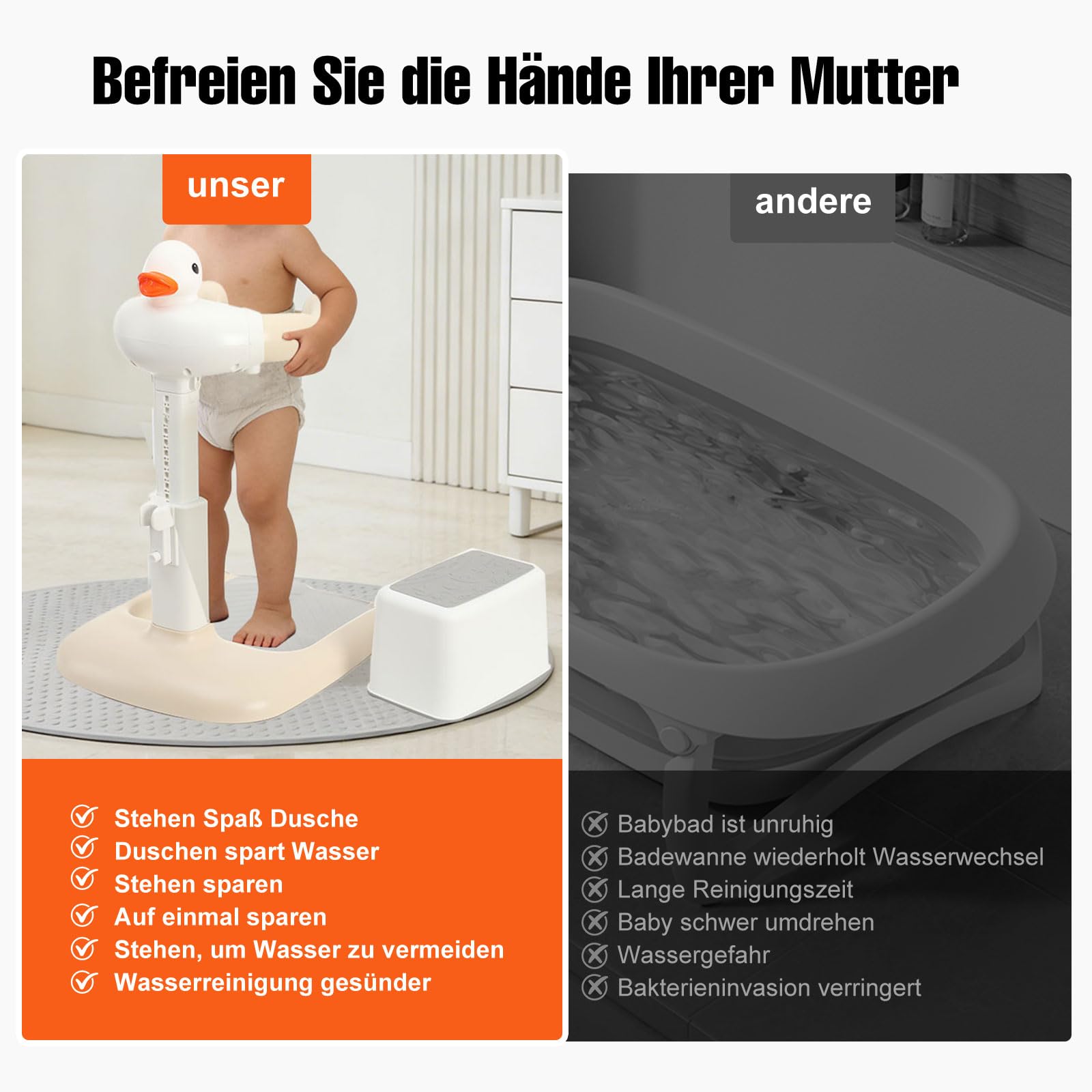 Baby Dusche Ständer, Einstellbarer Badewannenständer mit Duschsitz & AntiRutsch-Basis, Tragbarer Baby Badewanne Stand für das Lauftraining, Baby Duschhilfe für 6–36 Monate
