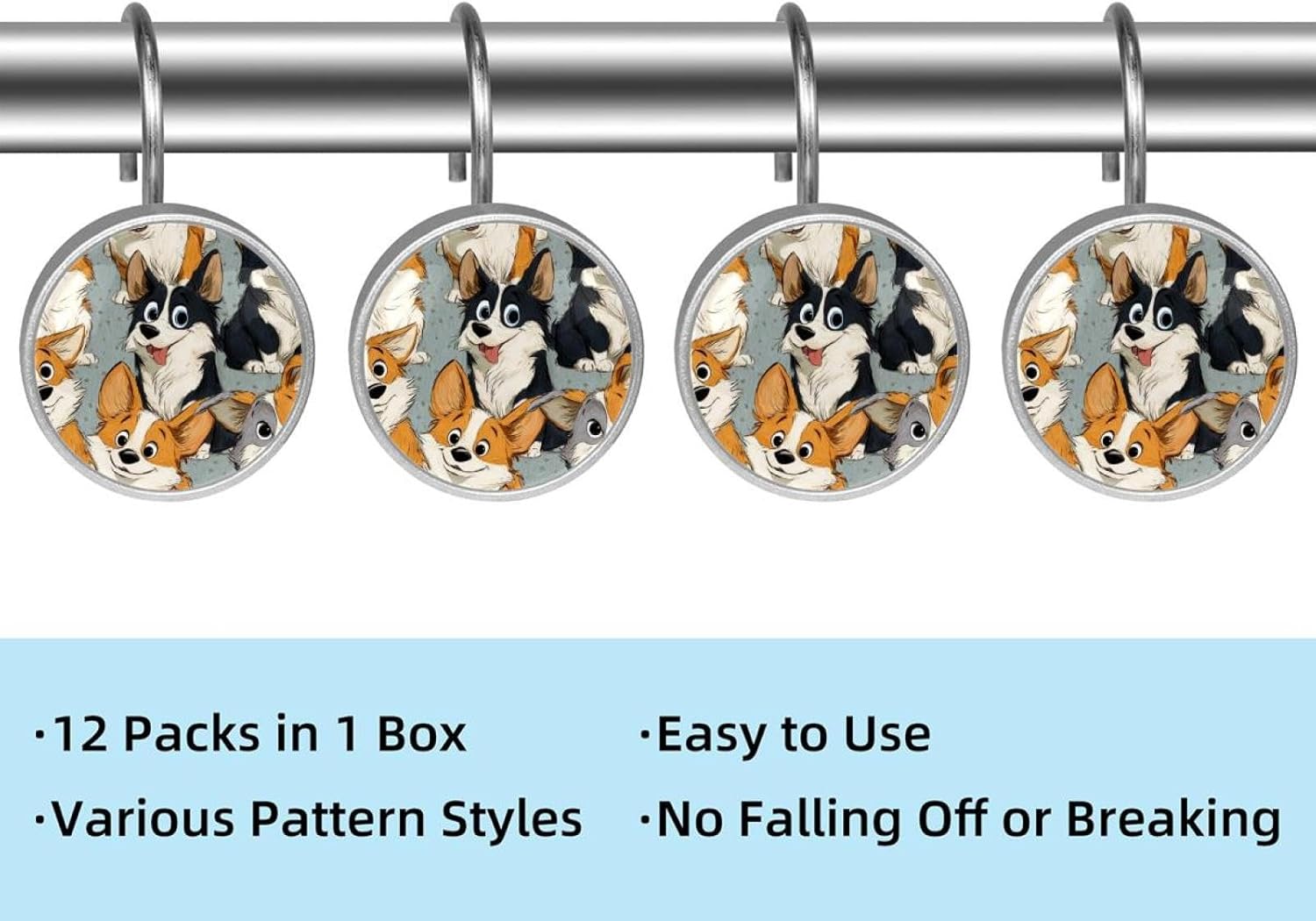 12pcs Cartoon Corgis Stars (1) Shower Curtain Hooks, Shower Curtain Hanger Rings Roller, Stainless Steel Round Shower Rings Hangers for Bathroom