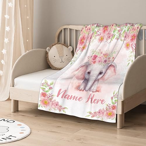 Miniatura 231 de Manta personalizada con diseño de jirafa y elefante, manta de franela suave, acogedora y ligera con nombre para sofá, cama, sofá, regalo, unisex