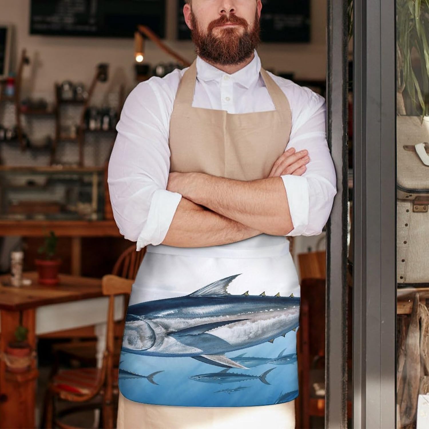 Bluefin Tuna Thunnus Server Aprons for Women And Men Waterproof Half Apron with 3 Pockets Deluxe Oxford Fabric Waist Aprons Adjustable Chef Apron for Kitchen Bar Home
