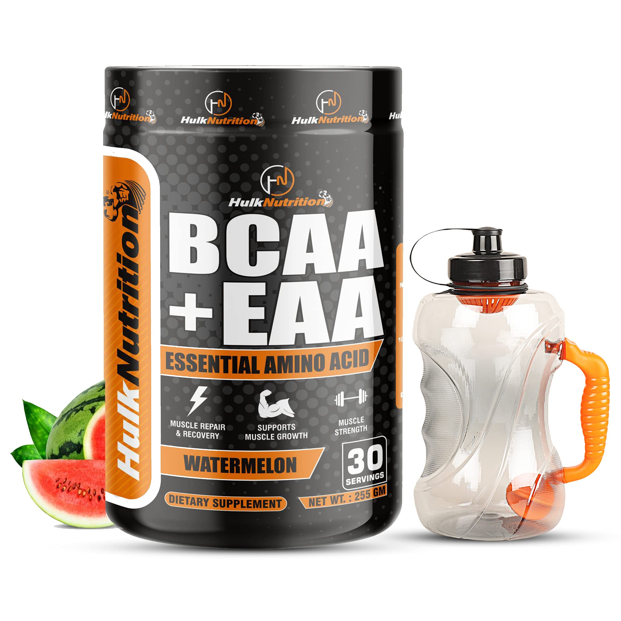 HulkNutrition EAAs-BCAA Energy Drink for Workout, Pre/Post Workout Supplement, Recovery, Performance, Muscle Protein Synthesis All 9 Essential Amino Acids [30, Watermelon, 255g] Free Gallon Shaker