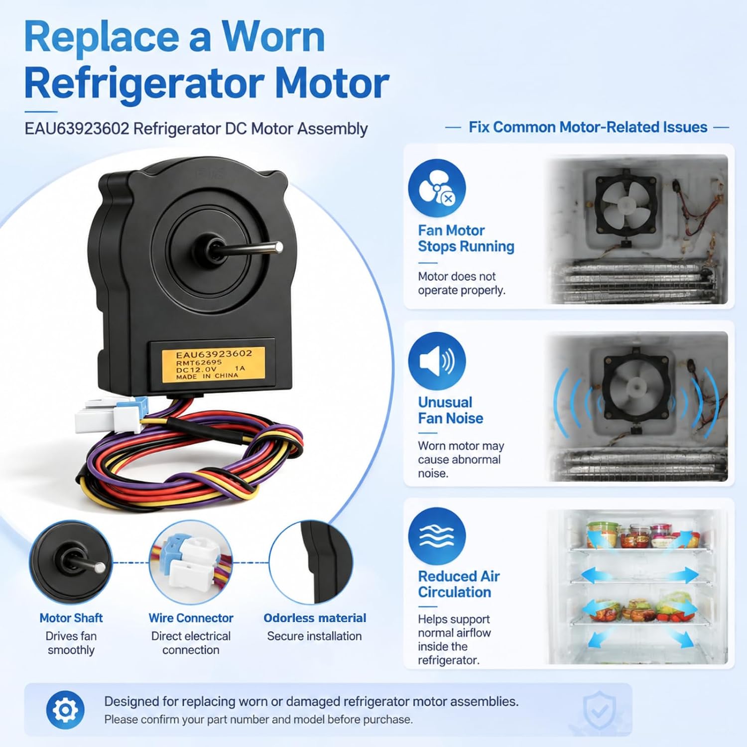 EAU63923602 Refrigerator Condenser Fan Motor Assembly Compatible with LG Refrigerators, Replaces AP6317196 PS12383670, Refrigerator Cooling Fan Motor Replacement Part