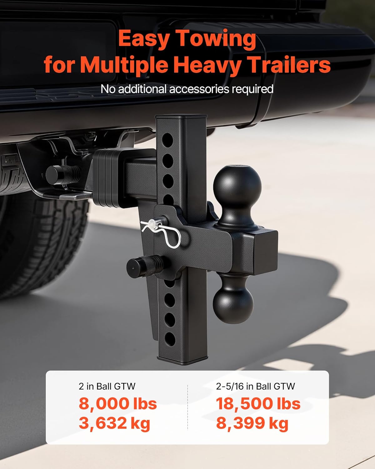 VEVOR Adjustable Trailer Hitch, Fit 2 Inch Receiver, Trailer Hitch Mount with 2 Inch & 2-5/16 Inch Balls, 18500 lbs GTW, 8 Inch Drop, Towing Ball Mounts for RVs, Off-Road Vehicles and Trucks, Black