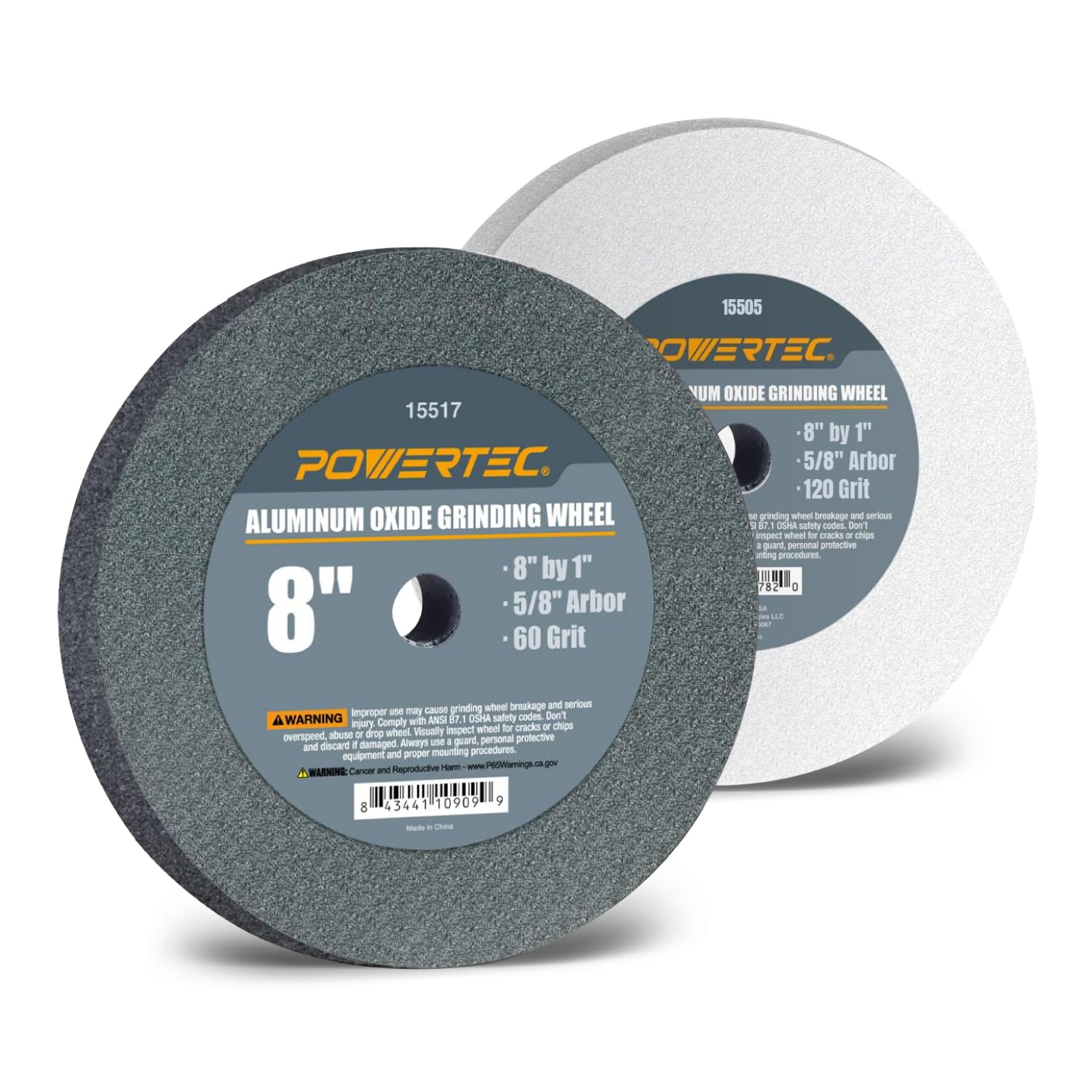 POWERTEC Bench Grinder Wheel 8 Inch 60 &amp; 120 Grit, White Aluminum Oxide Grinding Wheel for Bench and Pedestal Grinder, 1" Thick 5/8" Arbor, Sharpening &amp; Shaping Drill Bits, Blade, Chisel, 2PK (15549)