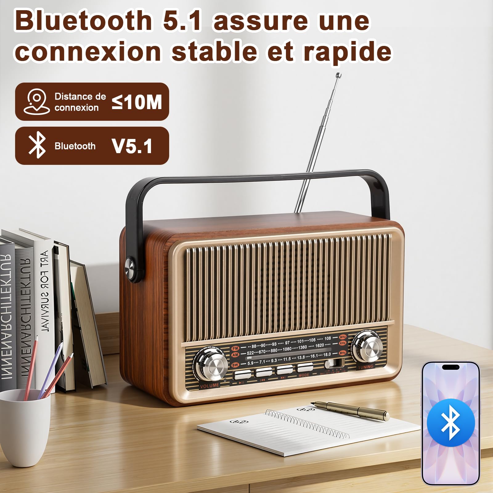 Radio Portable Poste Radio Vintage,AM/FM/SW,Radio Bluetooth Supports USB/TF/AUX,avec Batterie 1200mAh,pour Les Cuisines De La Maison Et du Bureau