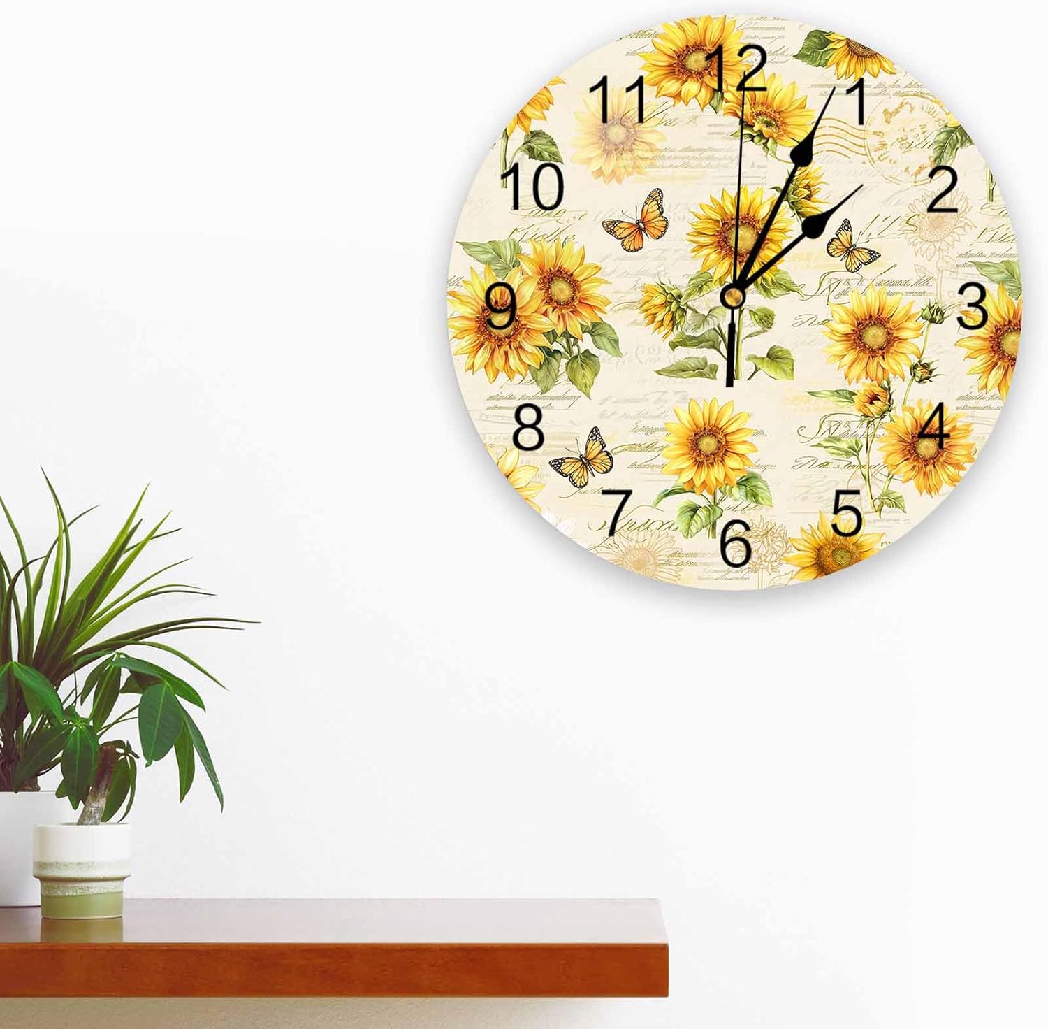 Sunflower Wall Clock 10 Inch Silent Non-Ticking Battery Operated Kitchen clocks, Butterfly Farm Country PVC Round Clock for Living Room, Bedroom, Kitchen, Office, Bathroom, Outdoor, School Home Decor