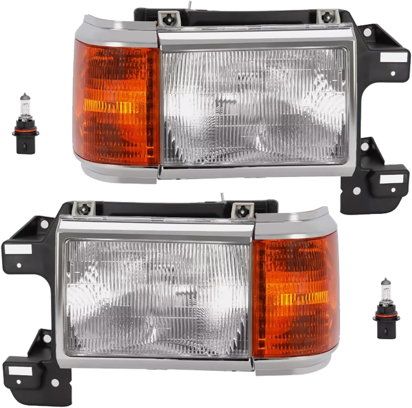 Headlights Assembly Fit For 1987-1991 Ford Bronco F150 F250 Truck Halogen Headlamp w/Bulbs Clear Lens Amber Corner Chrome Housing Replacement for E9TZ13008C E9TZ13008D