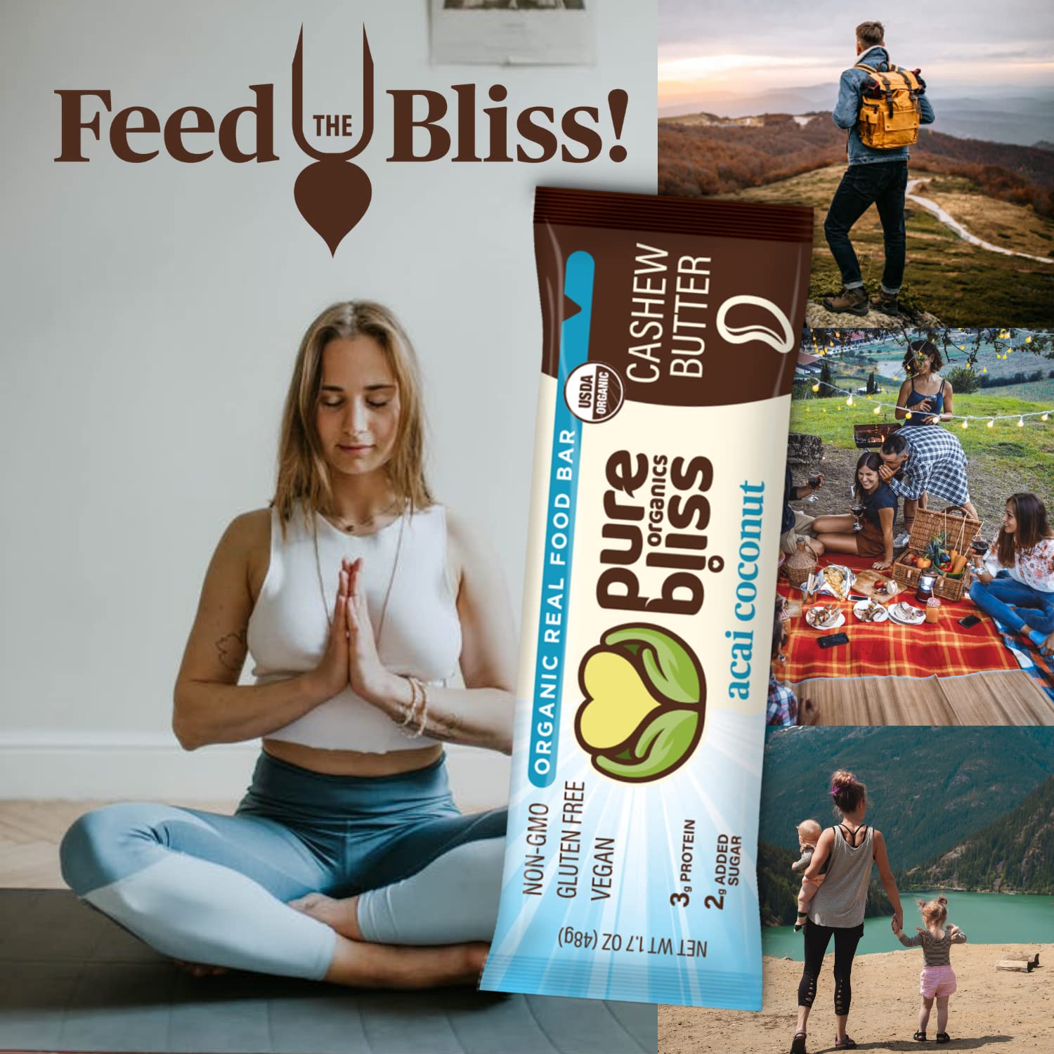 Organic Real Food Bar (Acai Coconut) Non-GMO, Gluten Free, Vegan, Nutrition Bars, Energy Bars, Super Food Simple Ingredients, Best Tasting, Healthy Snack, Breakfast Bars, Dairy Free, Soy Free, Pure Bliss Organics (1.7 oz bar, 12-Pack Case)