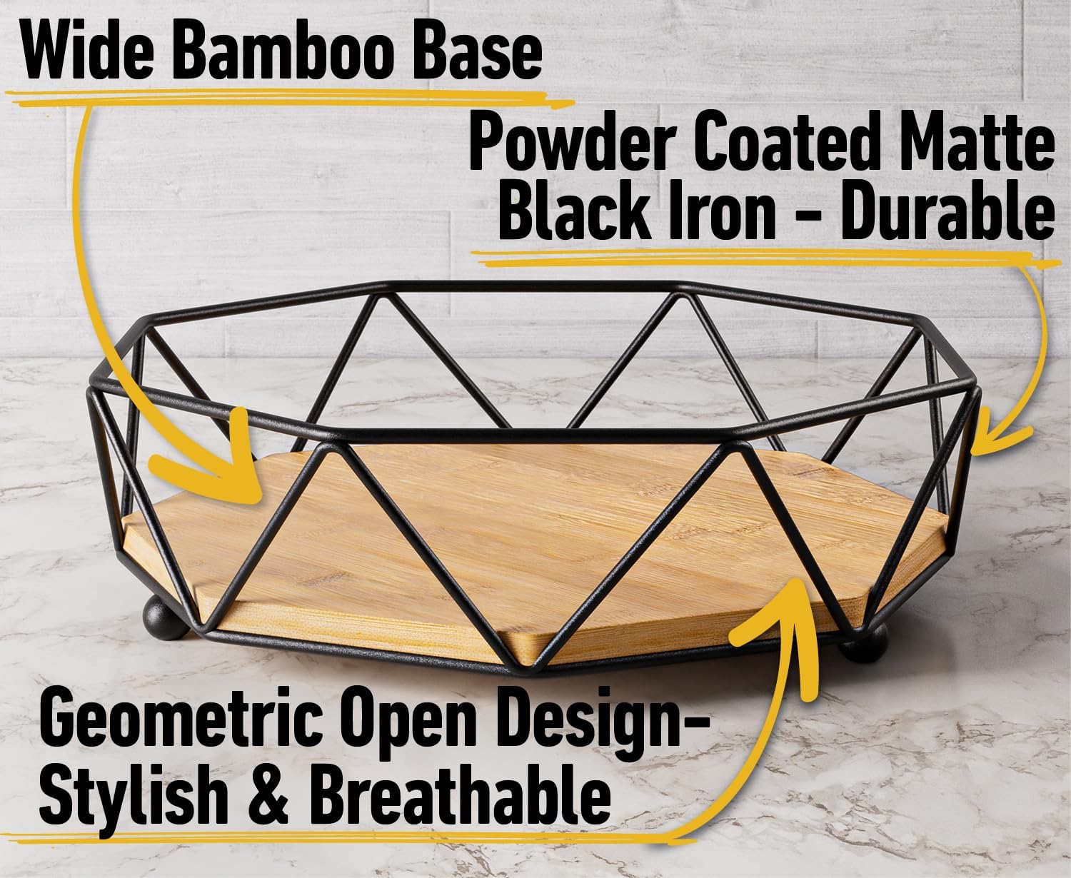 Fruit Bowl for Kitchen Counter - 12"W Metal & Wood Modern Fruit Bowl for Table - Large Produce Basket for Kitchen Counter - Stylish Wood & Black Decorative Bowl - Dining Table Centerpiece Decor Bowl