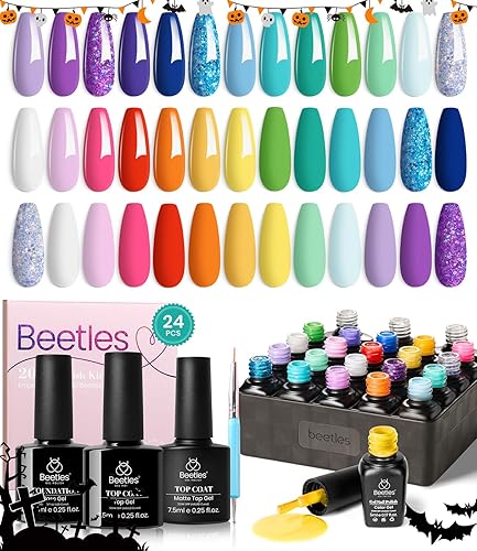 Miniatura 7 de Beetles Unicorn - Kit de 23 esmaltes de uñas de gel semipermanentes en tonos pastel amarillo rosado azul morado verde con capa base y superior
