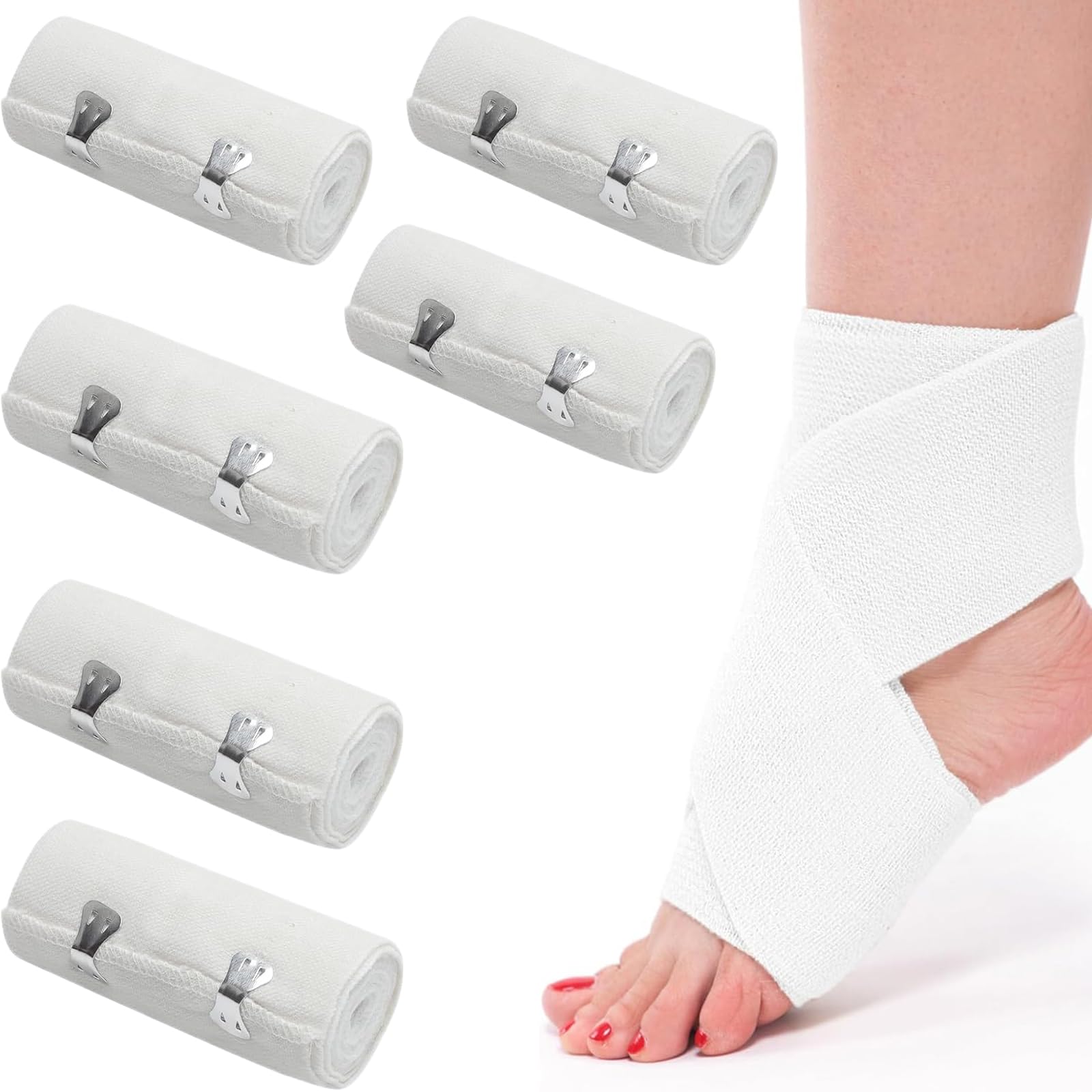 6 Piezas Rollo De Venda Elástica, Envoltura de Venda EláStica Rollo de Envoltura de CompresióN con Clips MetáLicos Adicionales para Soporte de Tobillo (7.5/10 Cm)