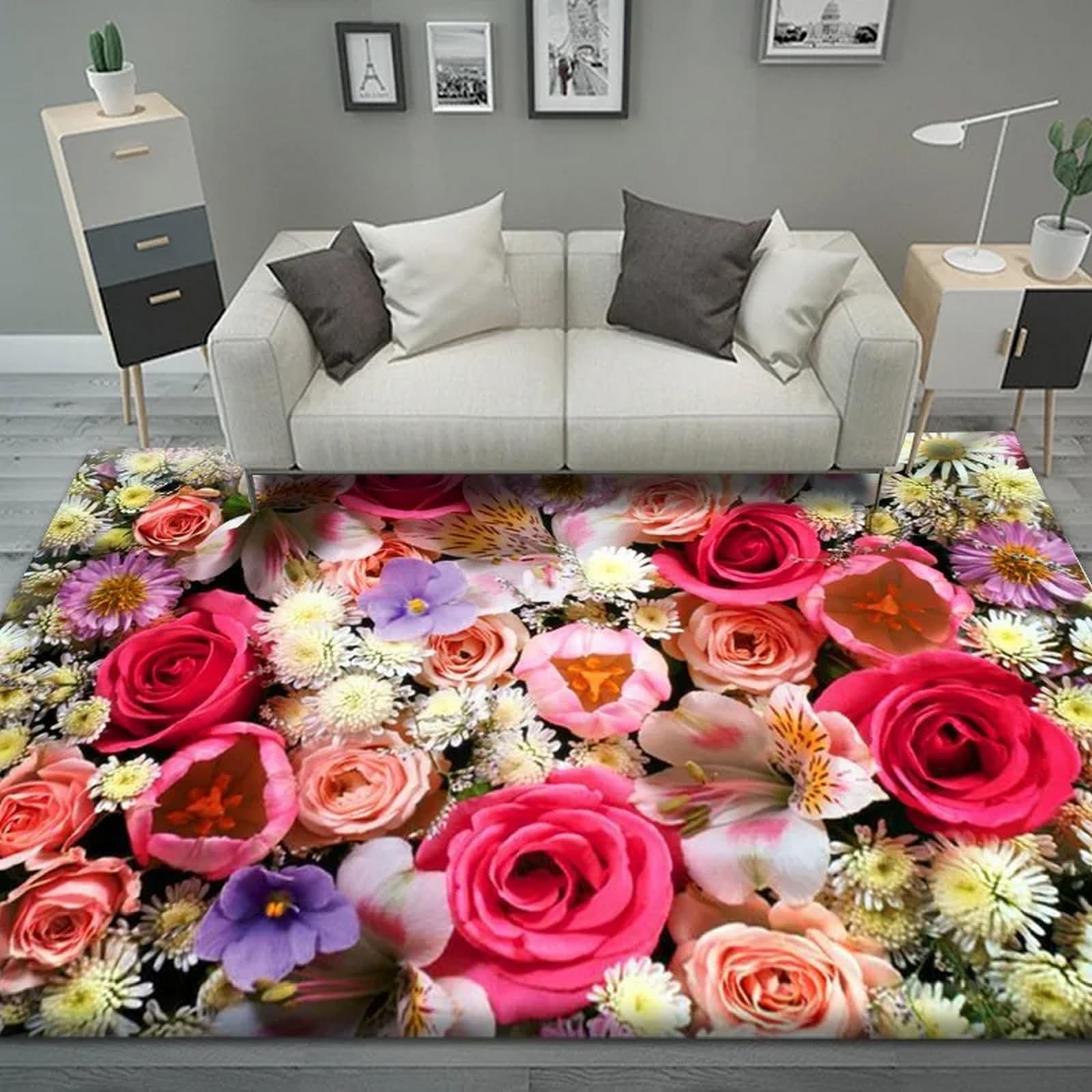 Tapis déco à la maison motif fleur 3D grand format avec envers antidérapant salon