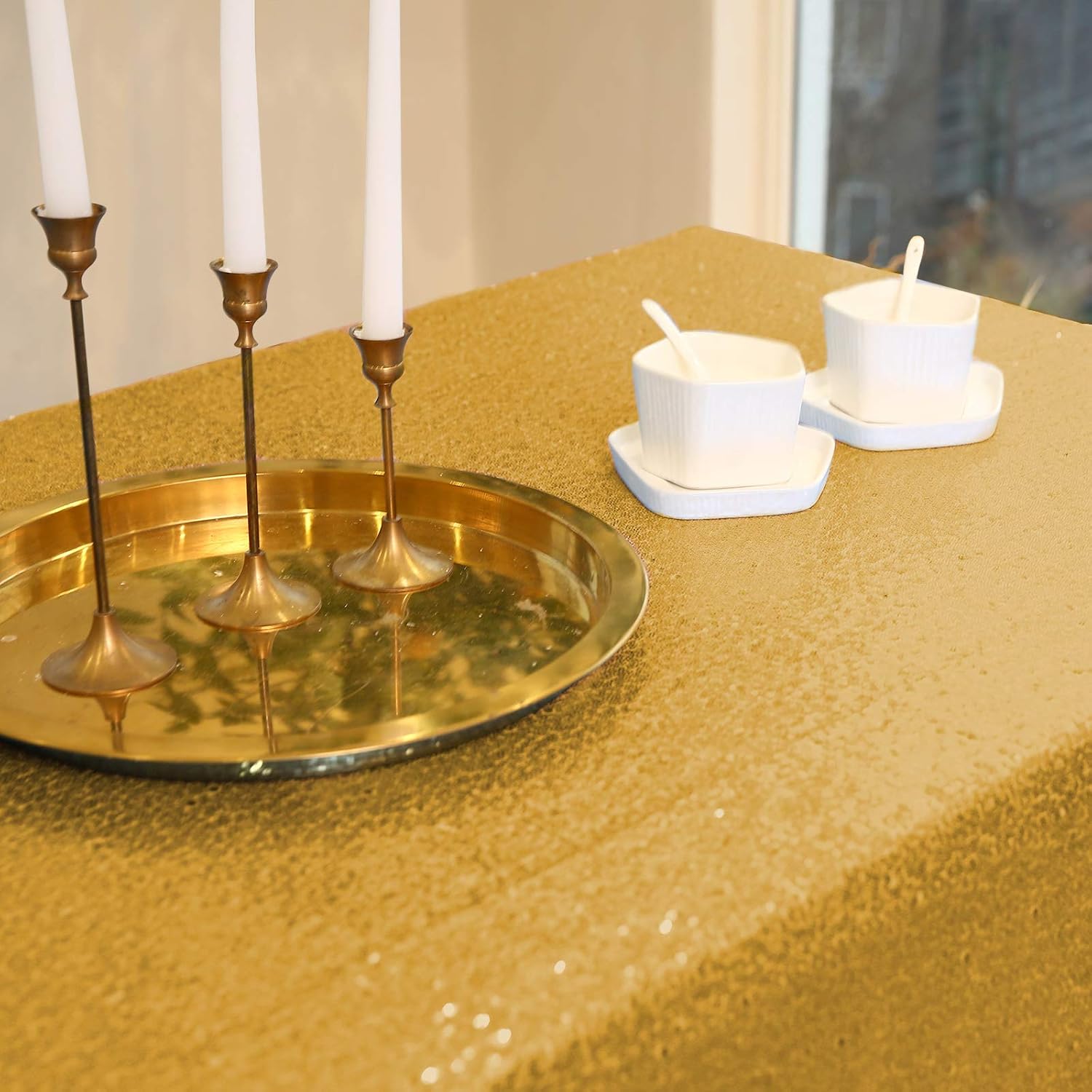 Gold Sequin Table Cloths for Parties,50X80 inch Rectangle Glitter Sparkly Overlay Table Cover Fitted 4 FT Dessert Tables for Birthday Wedding Bridal Baby Shower Holiday Decoration