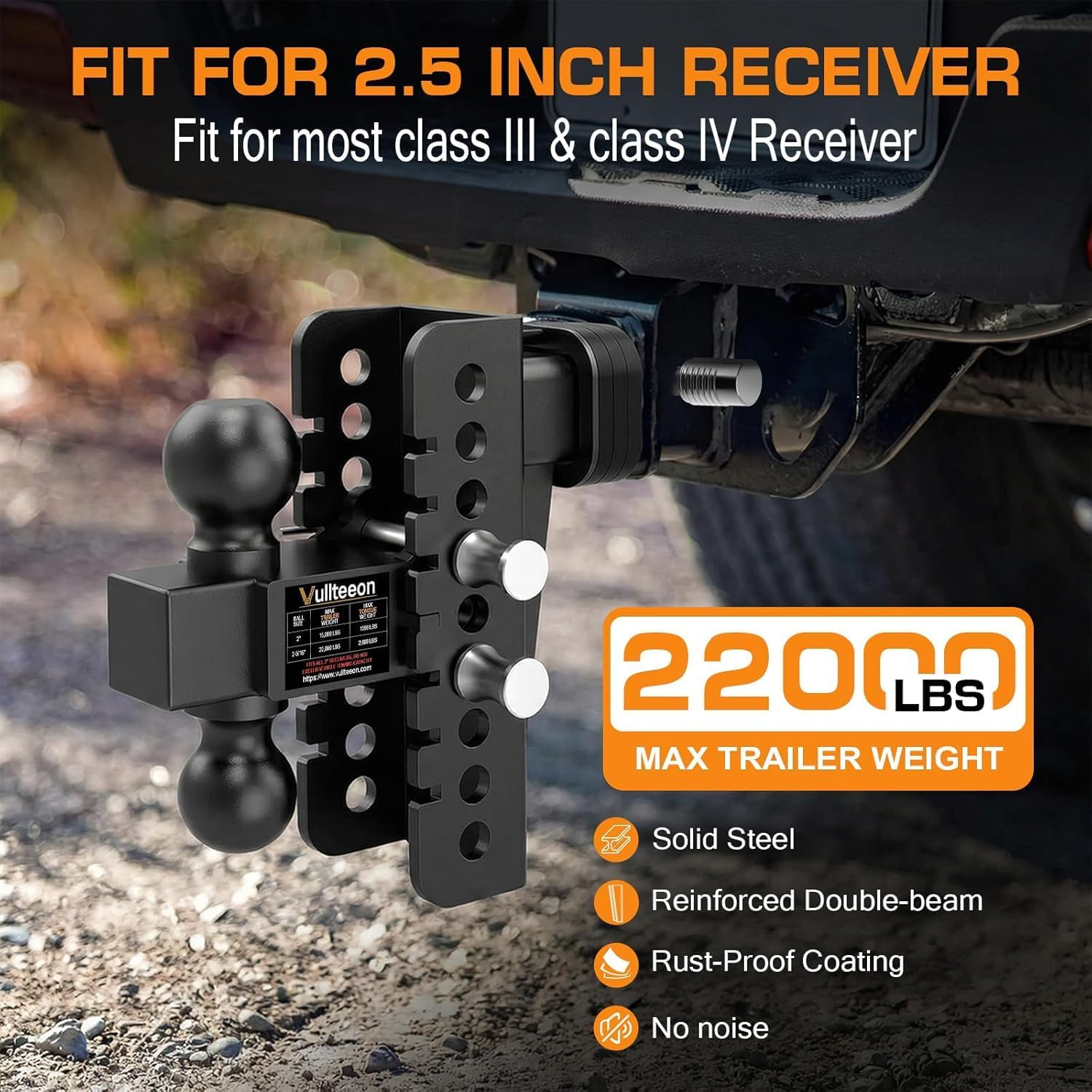 2026 Vullteeon Adjustable Trailer Hitch, Heavy Duty Drop Hitch for 2.5 Inch Receiver, 6 Inch Tow Hitch, 2" & 2-5/16" Ball Hitches for Trucks, 22,000 LBS GTW, Trailer Hitches with Slot-fit Design