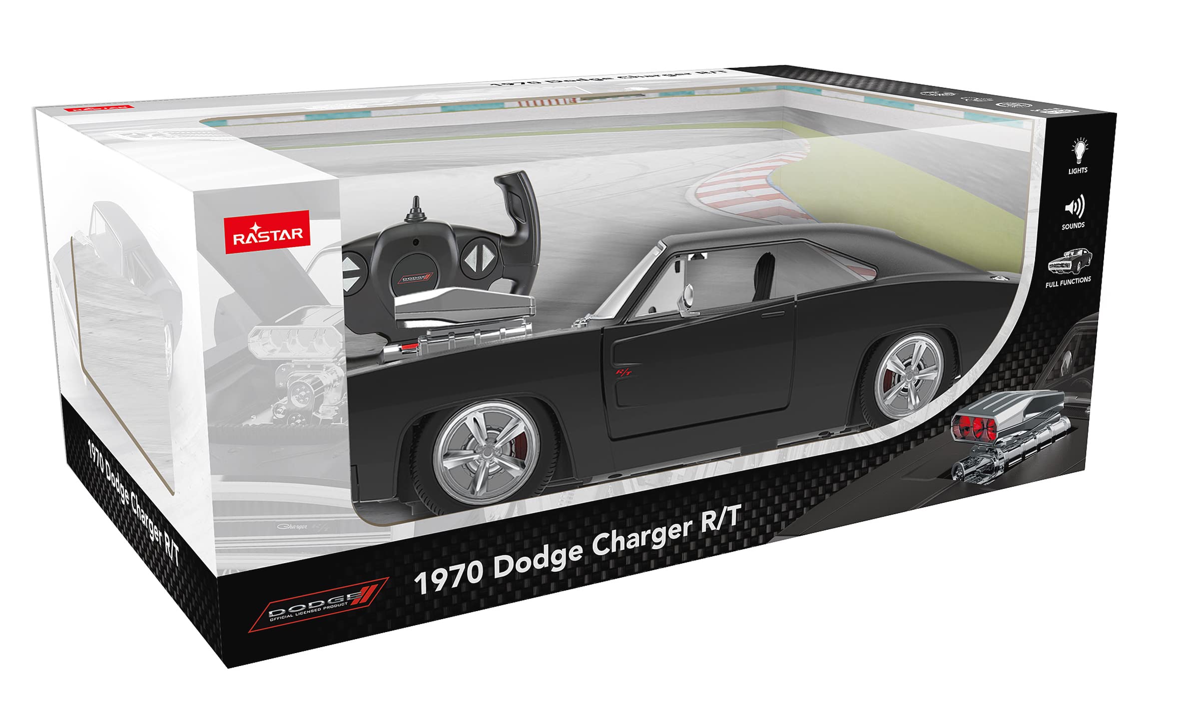 Jamara- Dodge Charger R/T 1970 1:16 Ręczna Drzwi 2,4 GHz-Oficjalnie licencjonowane wnętrze-Szczegółowe malowanie wierne oryginalnemu - zdalnie sterowany samochód RC, 402117, Czarny