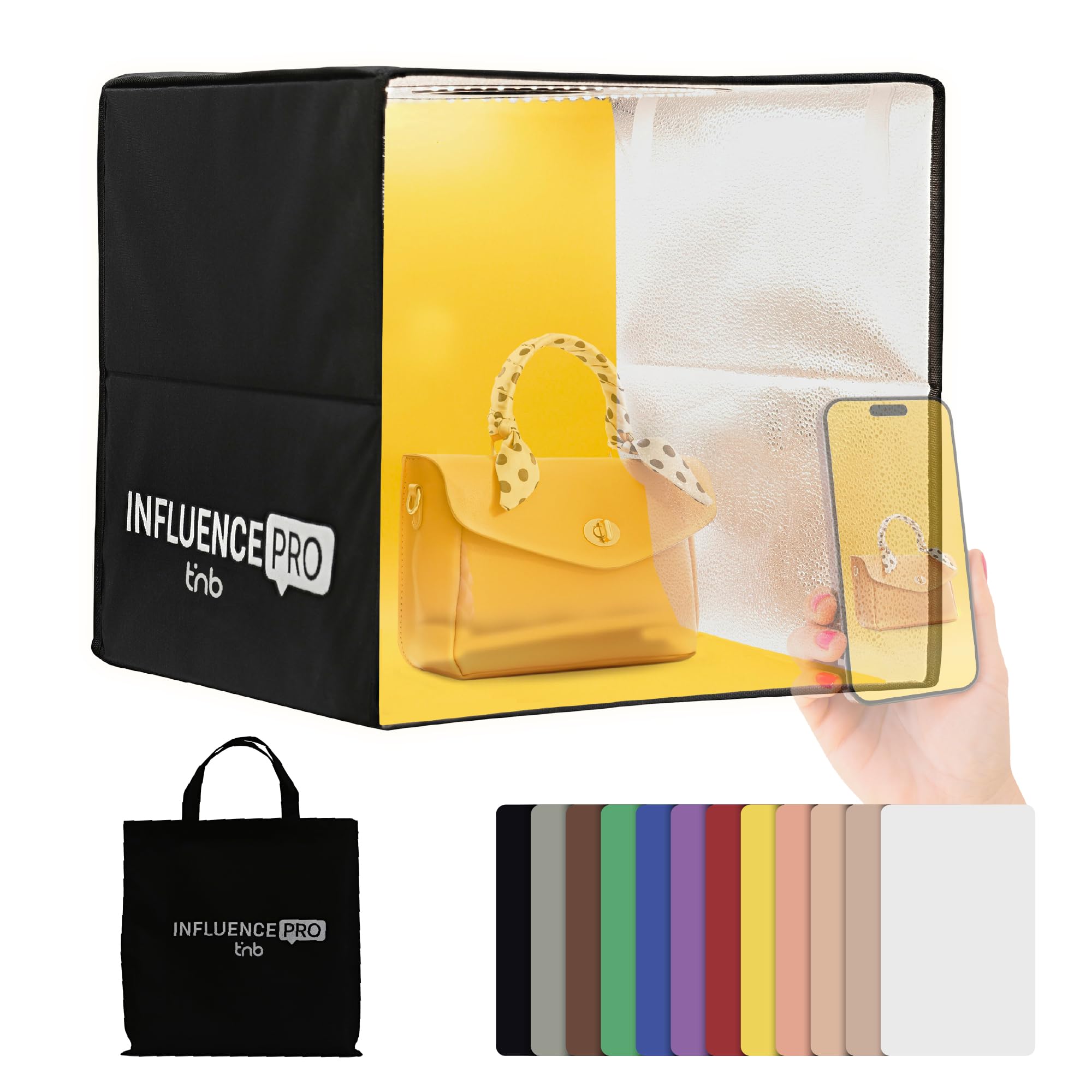 T'nB - Studio Photo Portable 40x40x40cm, idéal pour réaliser Vos Produits de qualité Professionnelle à Domicile ou pour déplacement, 12 Fonds, 10 Niveaux de luminosité - Noir
