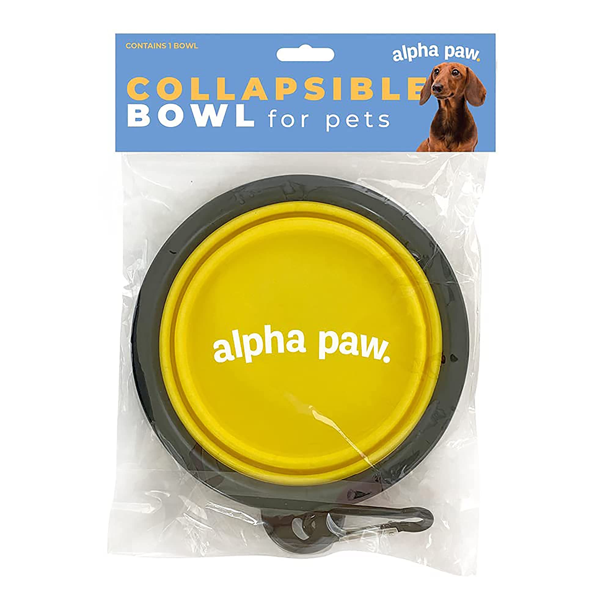 Alpha Paw Collapsible Water Saucer (1 Pack, Yellow), Lightweight and Collapsible Design, Dishwasher Safe, Non-Toxic Silicone, Includes a Carabiner, .75 Inches Thick When Fully Collapsed