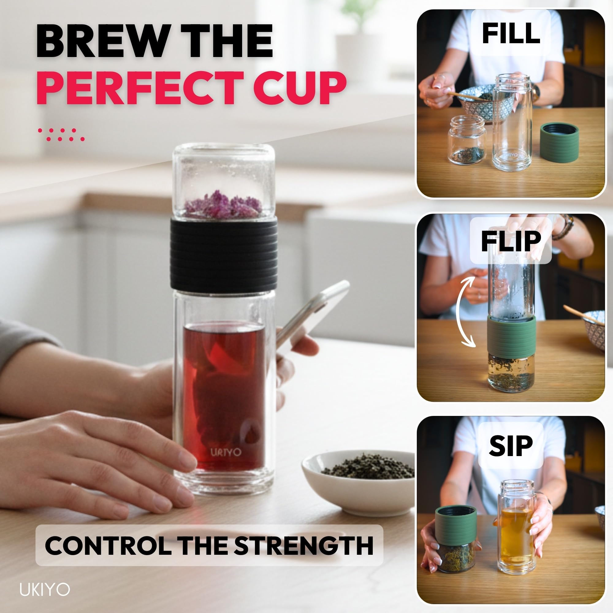 Ukiyo Sense Botella infusora de té y frutas de vidrio de doble pared, vaso de viaje con filtro de acero inoxidable y funda de neopreno