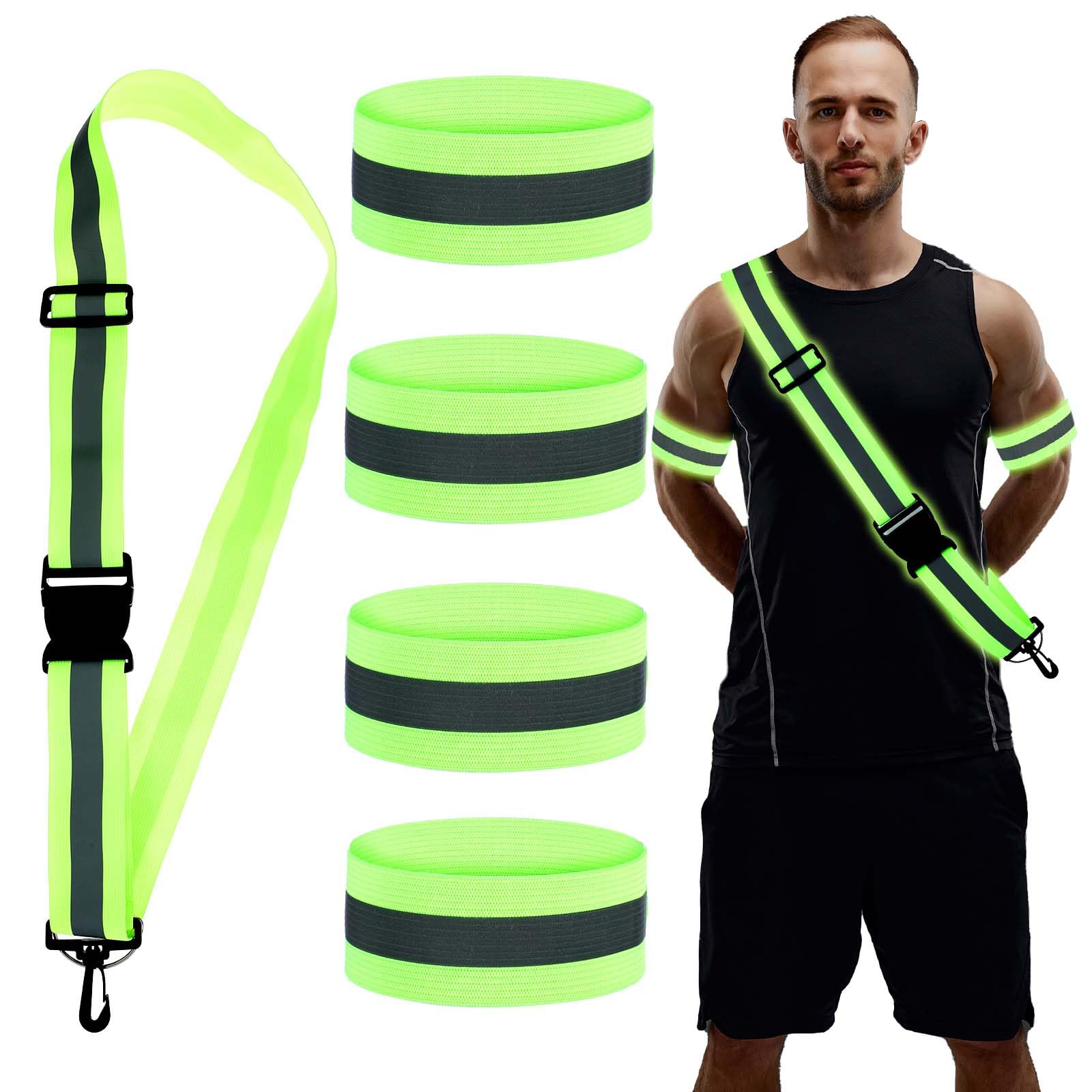 AOZUO Night Walking Safety Gear, Adjustable Reflective Belt with 4pcs Reflective Armbands High Visibility Safety Sash for Women Men Night Dog Walking