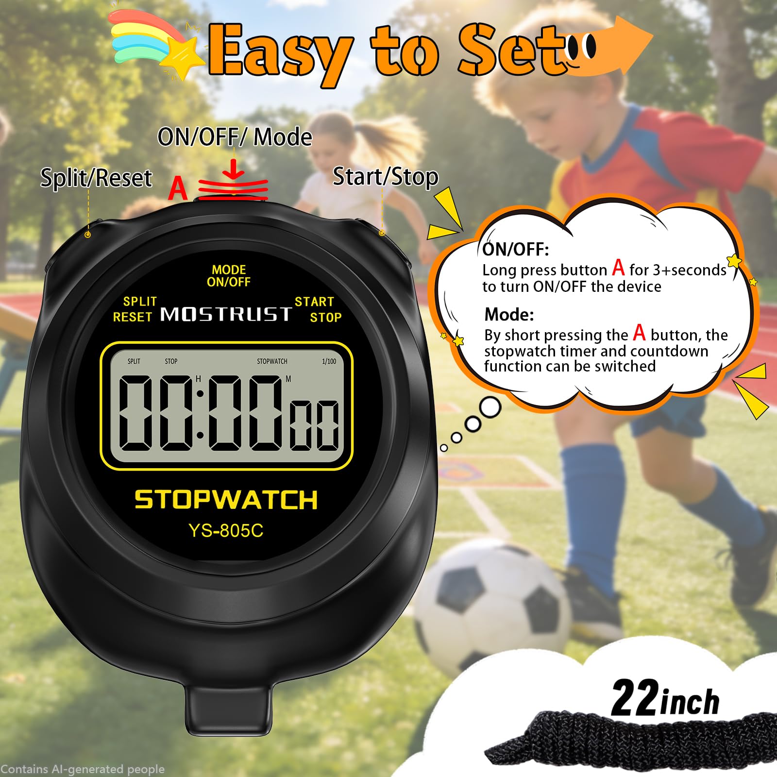 Cronometro digitale semplice, cronometro con memoria singola, timer conto alla rovescia, on/off, batteria AAA (inclusa), adatto ai bambini, per studenti, allenatori (nero)